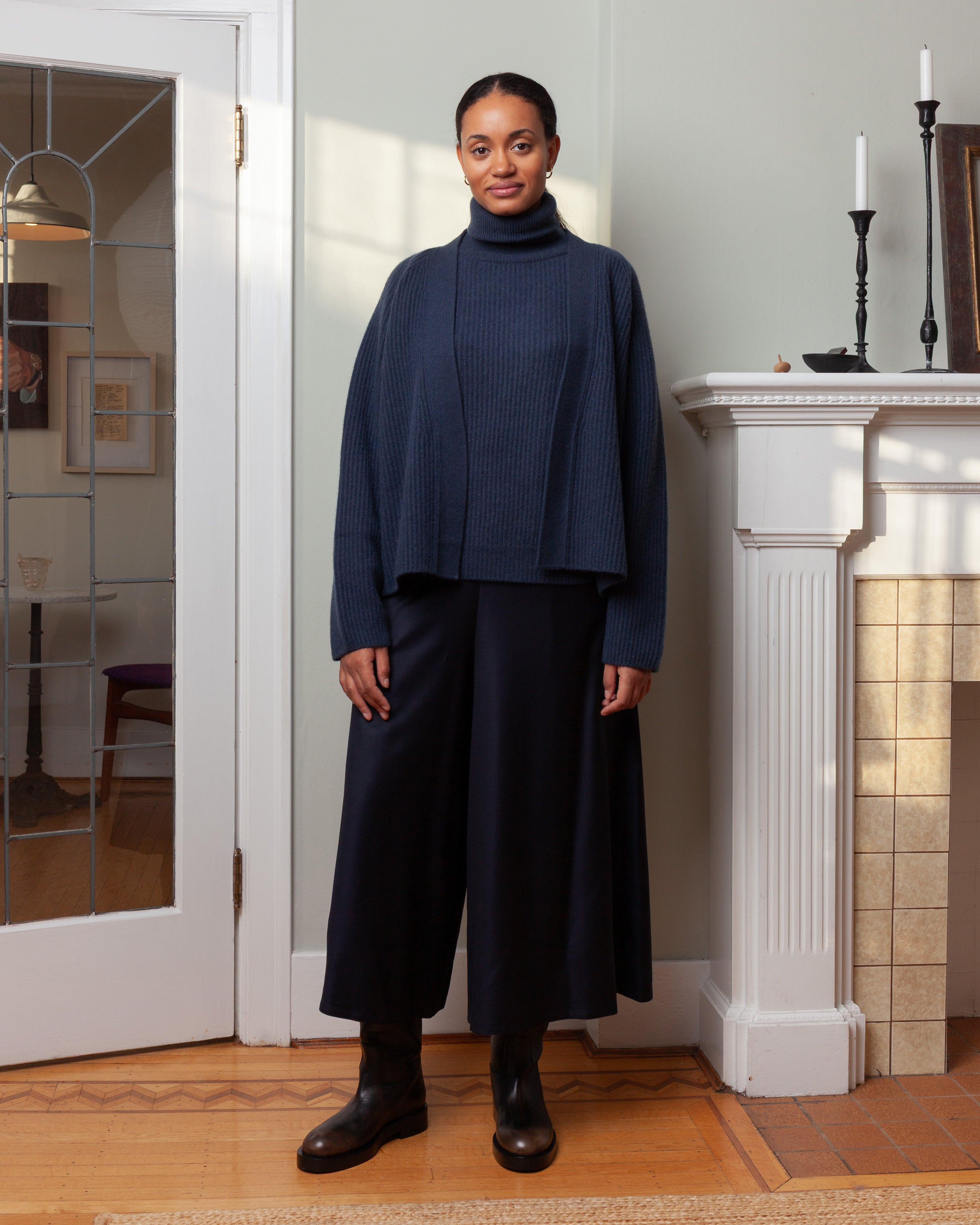 Cashmere T-Neck Ribbed Raglan Sweater - Pacific