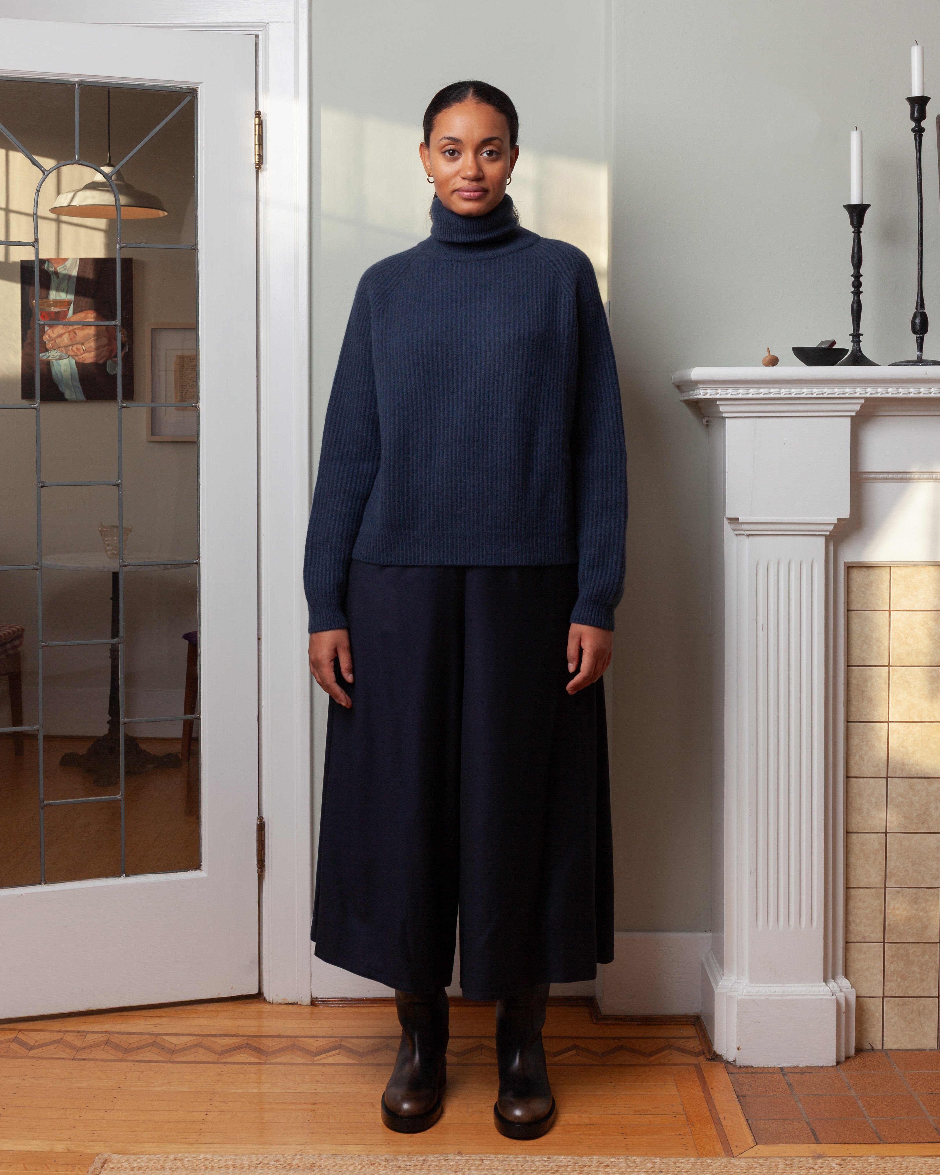 Cashmere T-Neck Ribbed Raglan Sweater - Pacific