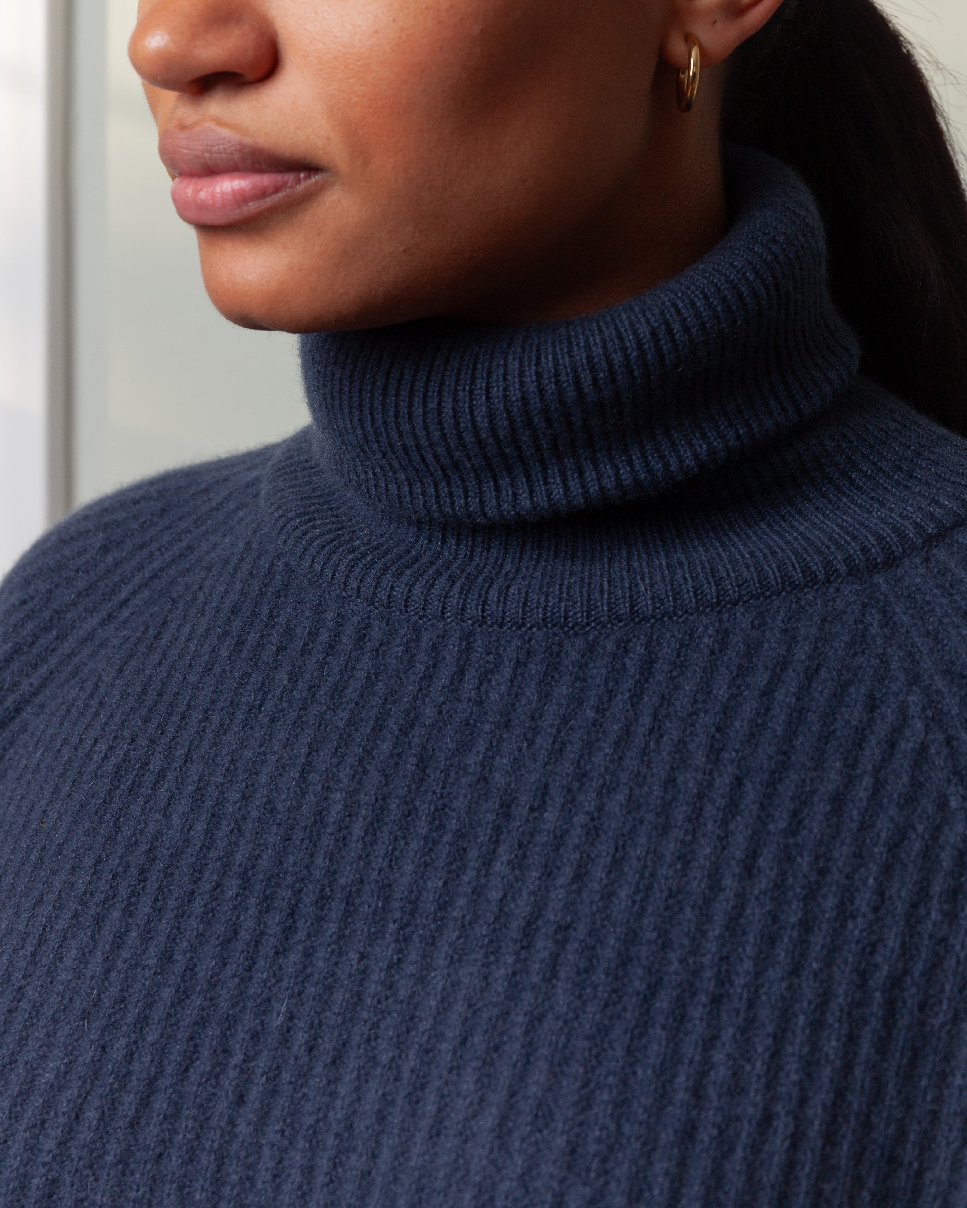 Cashmere T-Neck Ribbed Raglan Sweater - Pacific