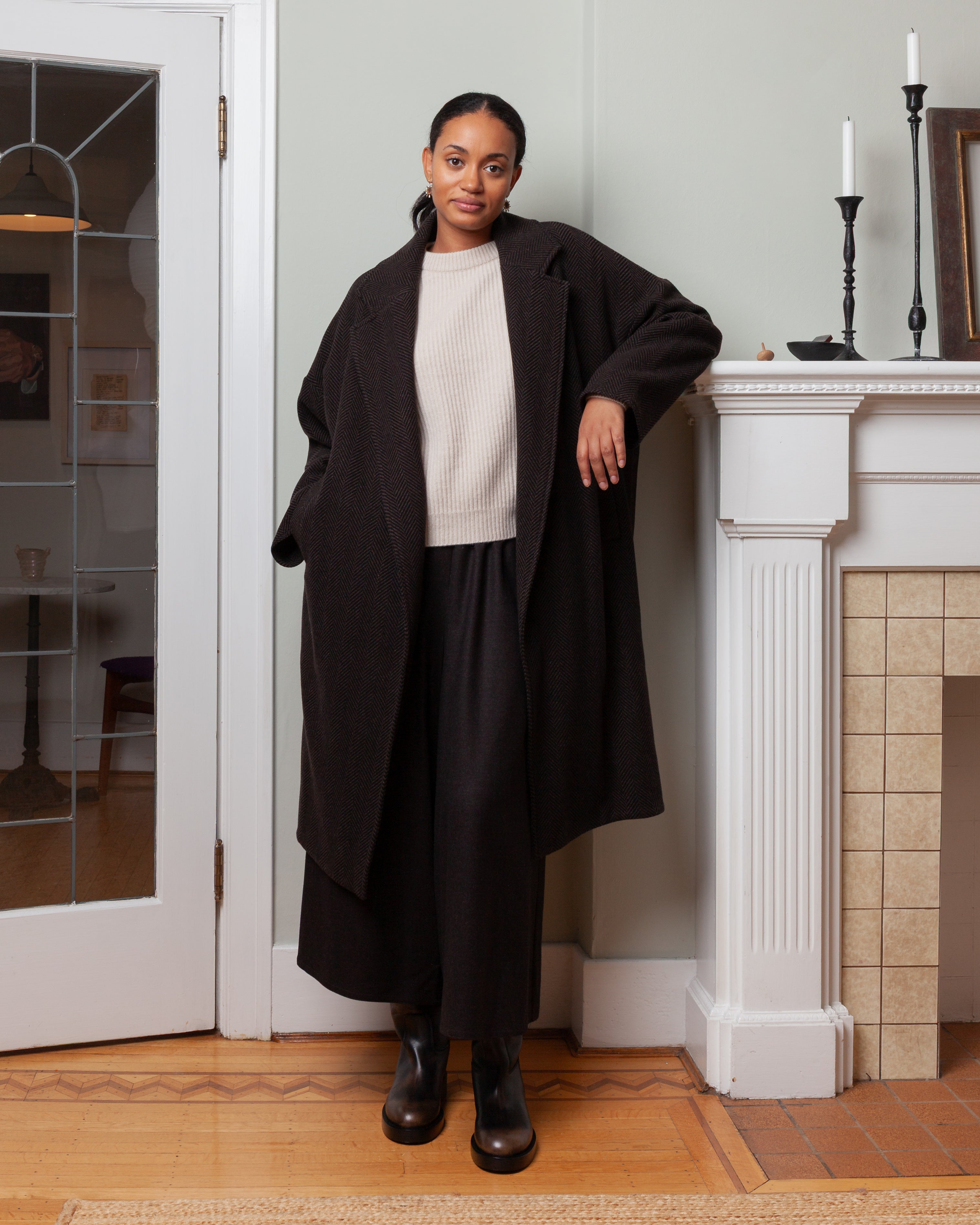 Oversized Cashmere Herringbone Coat - Brown