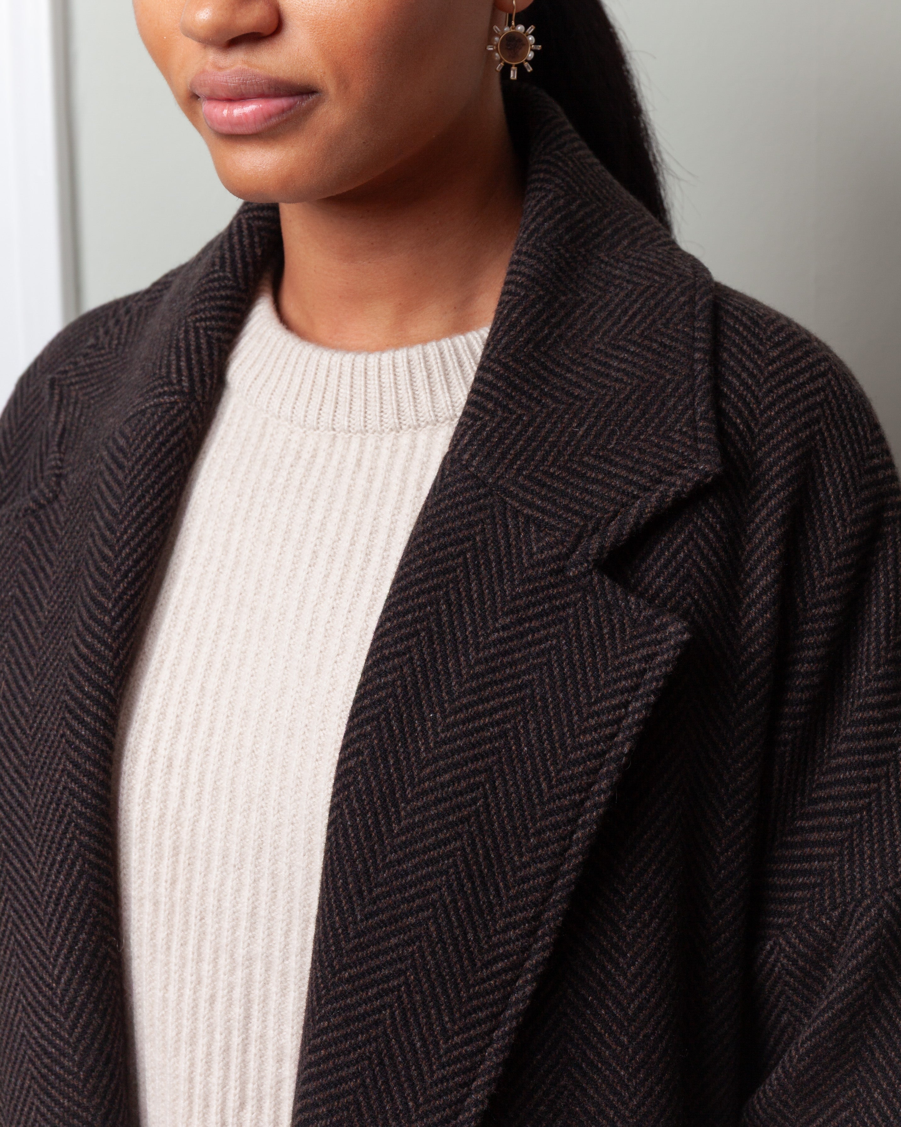 Oversized Cashmere Herringbone Coat - Brown