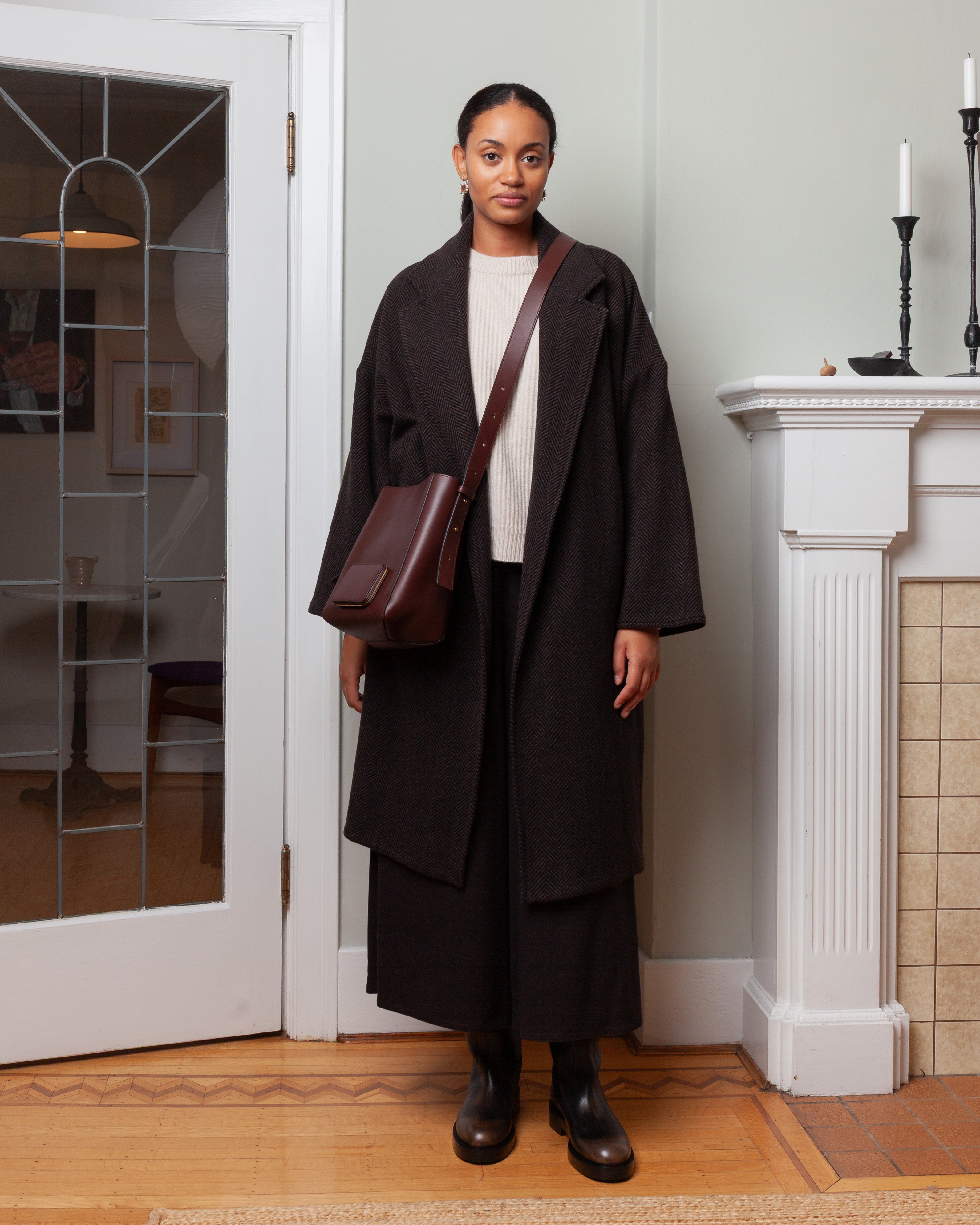 Oversized Cashmere Herringbone Coat - Brown