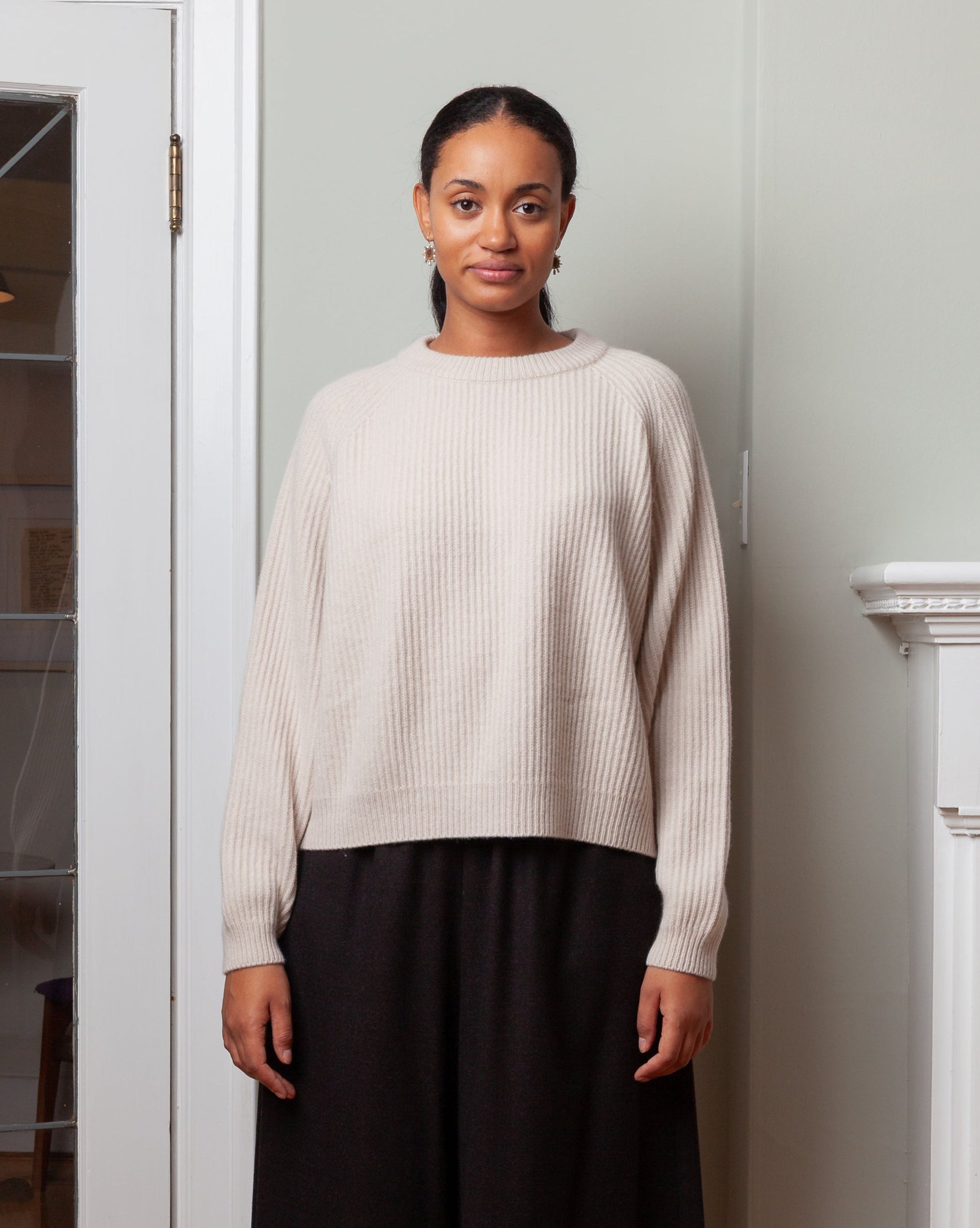 Crew Neck Ribbed Raglan Sweater - Oatmeal