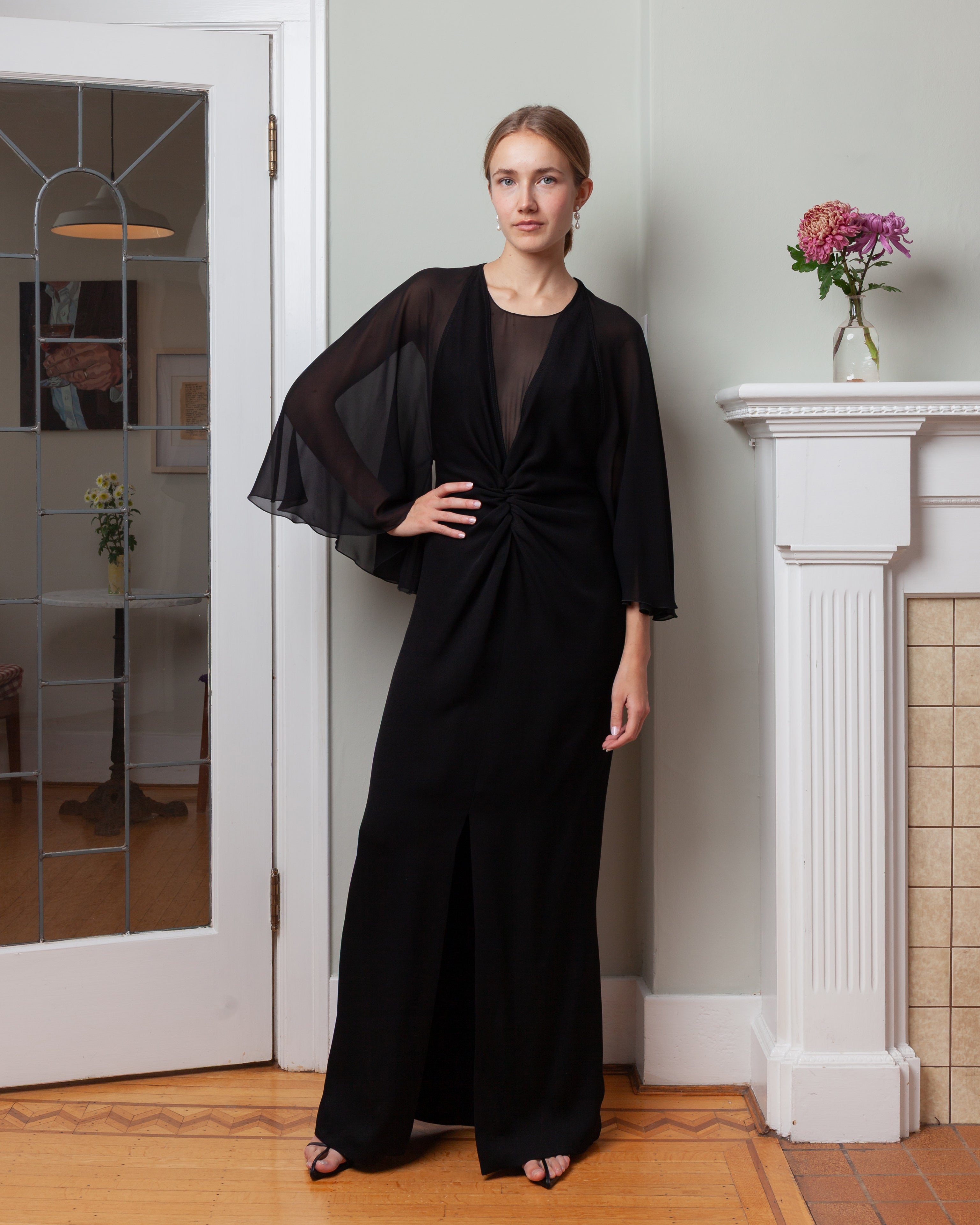 Midi Dress w/Veiled Sleeves - Black