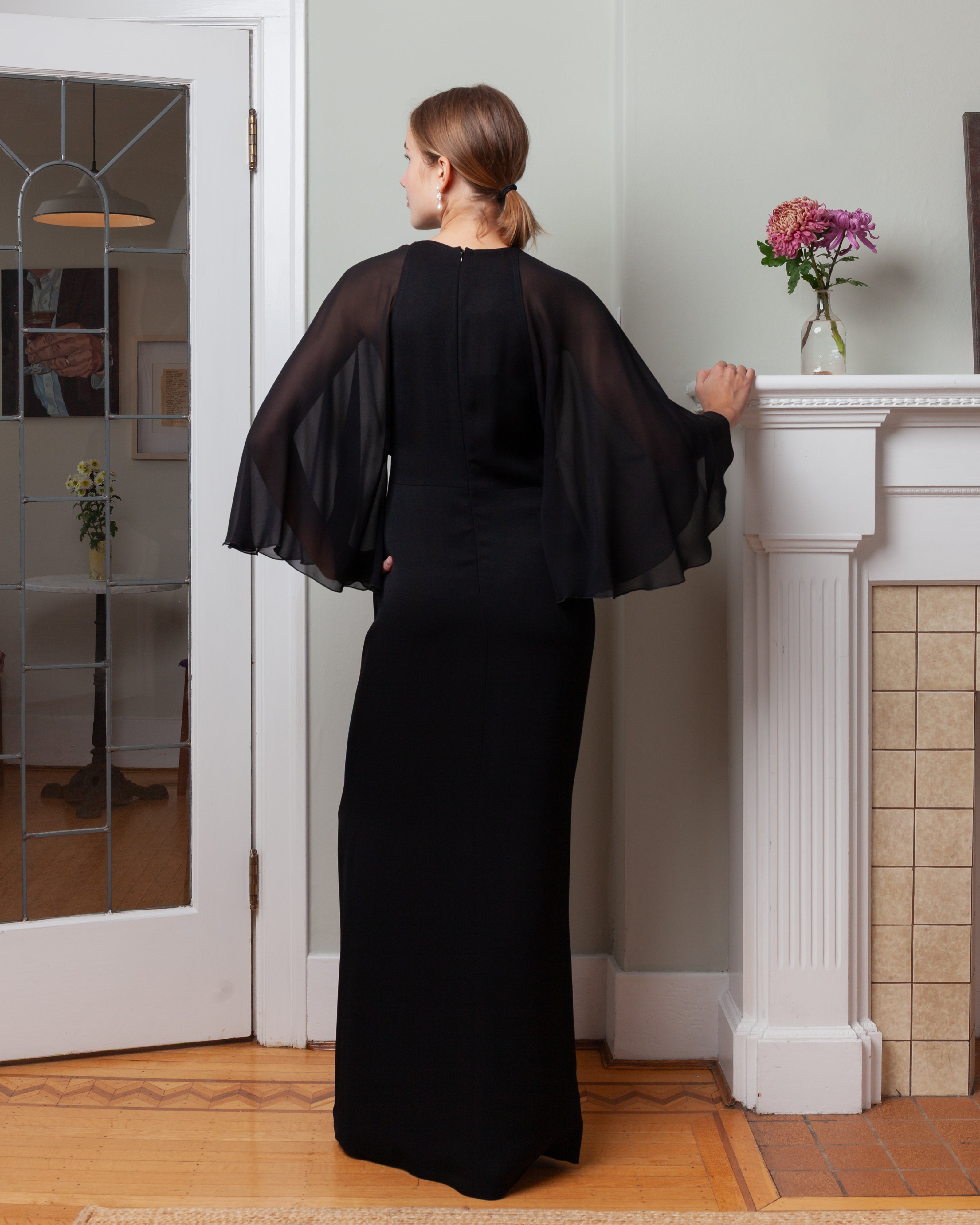 Midi Dress w/Veiled Sleeves - Black