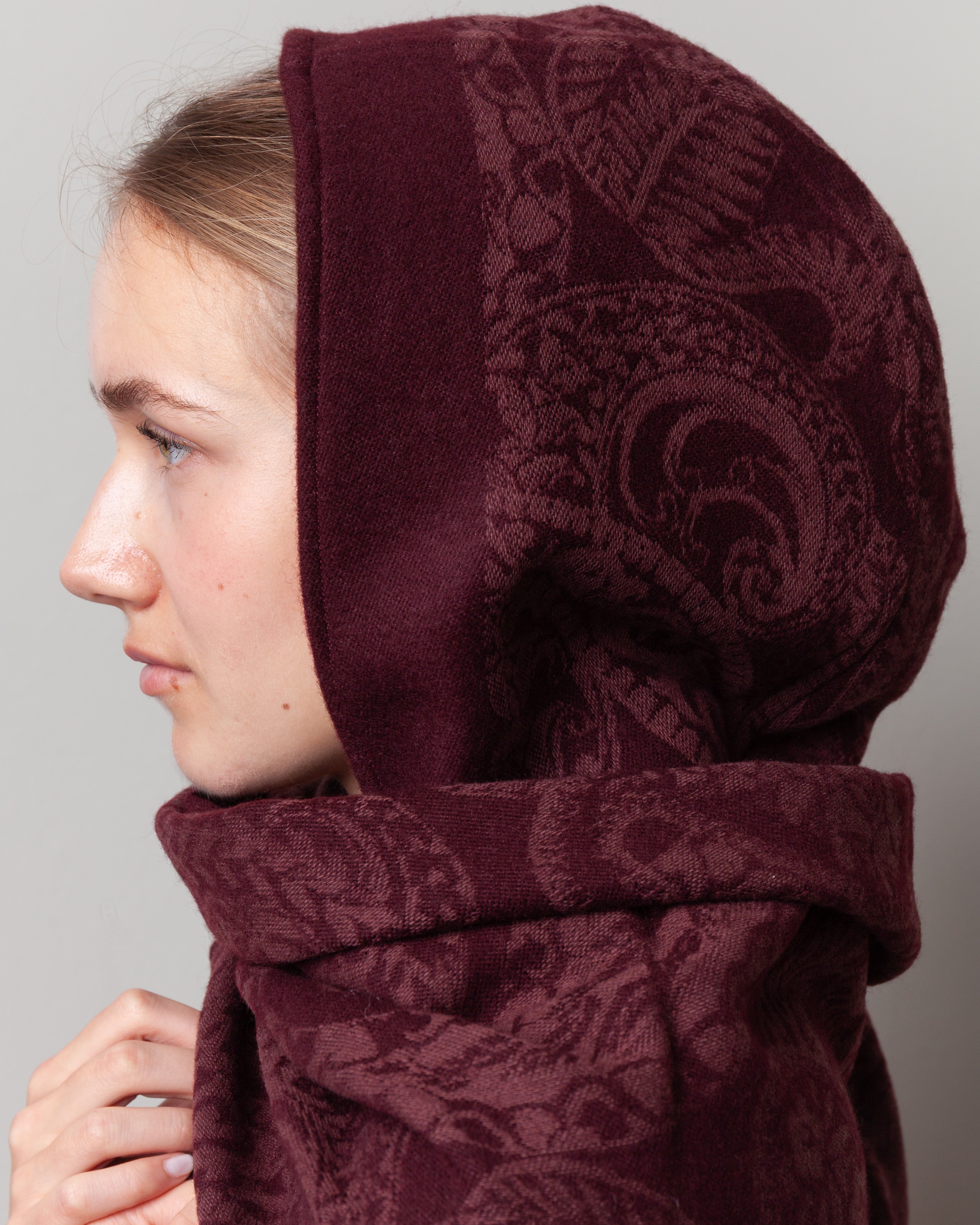 Wool Hooded Scarf - Burgundy