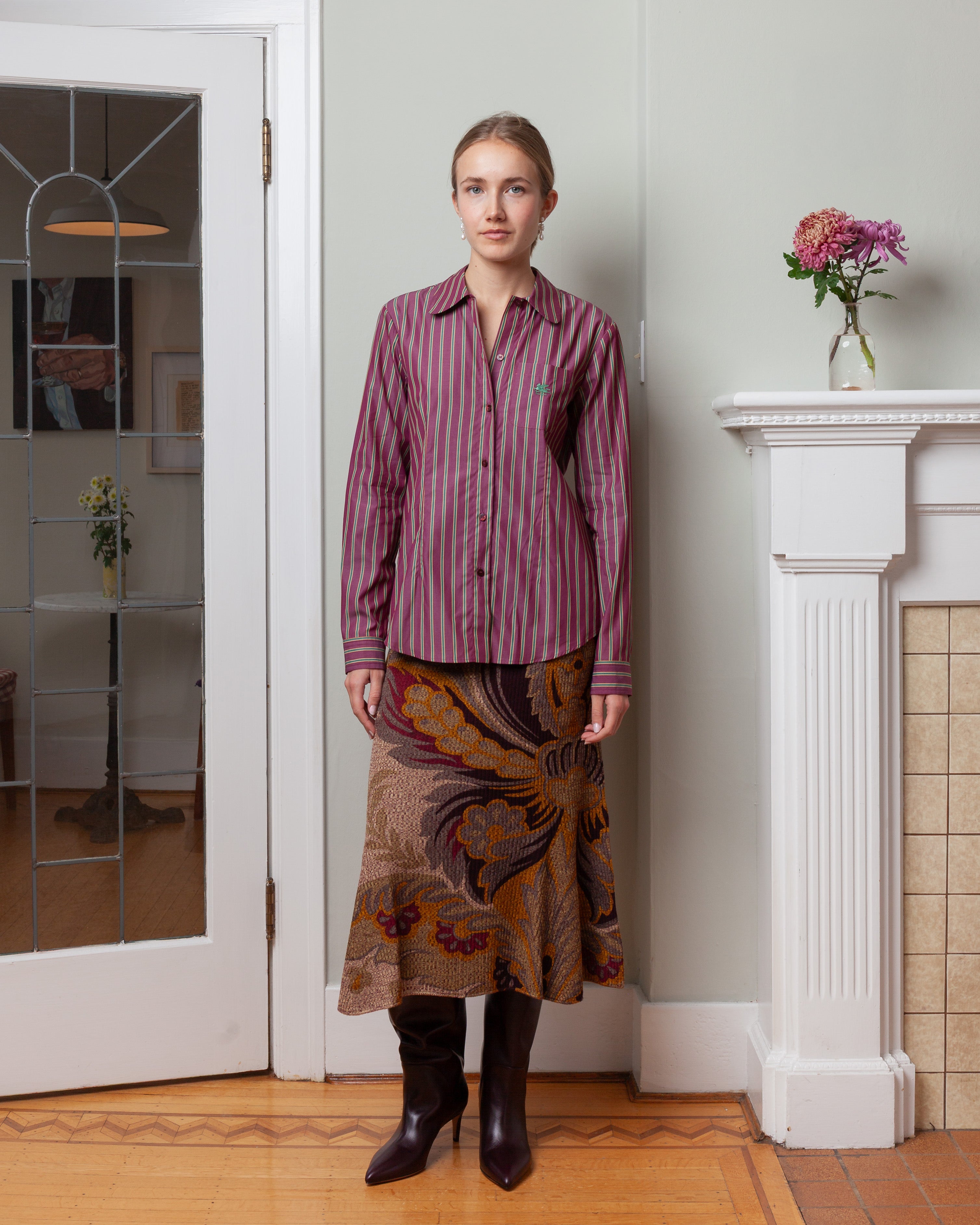 Fitted Shirt w/Pocket - Burgundy/Green Stripe