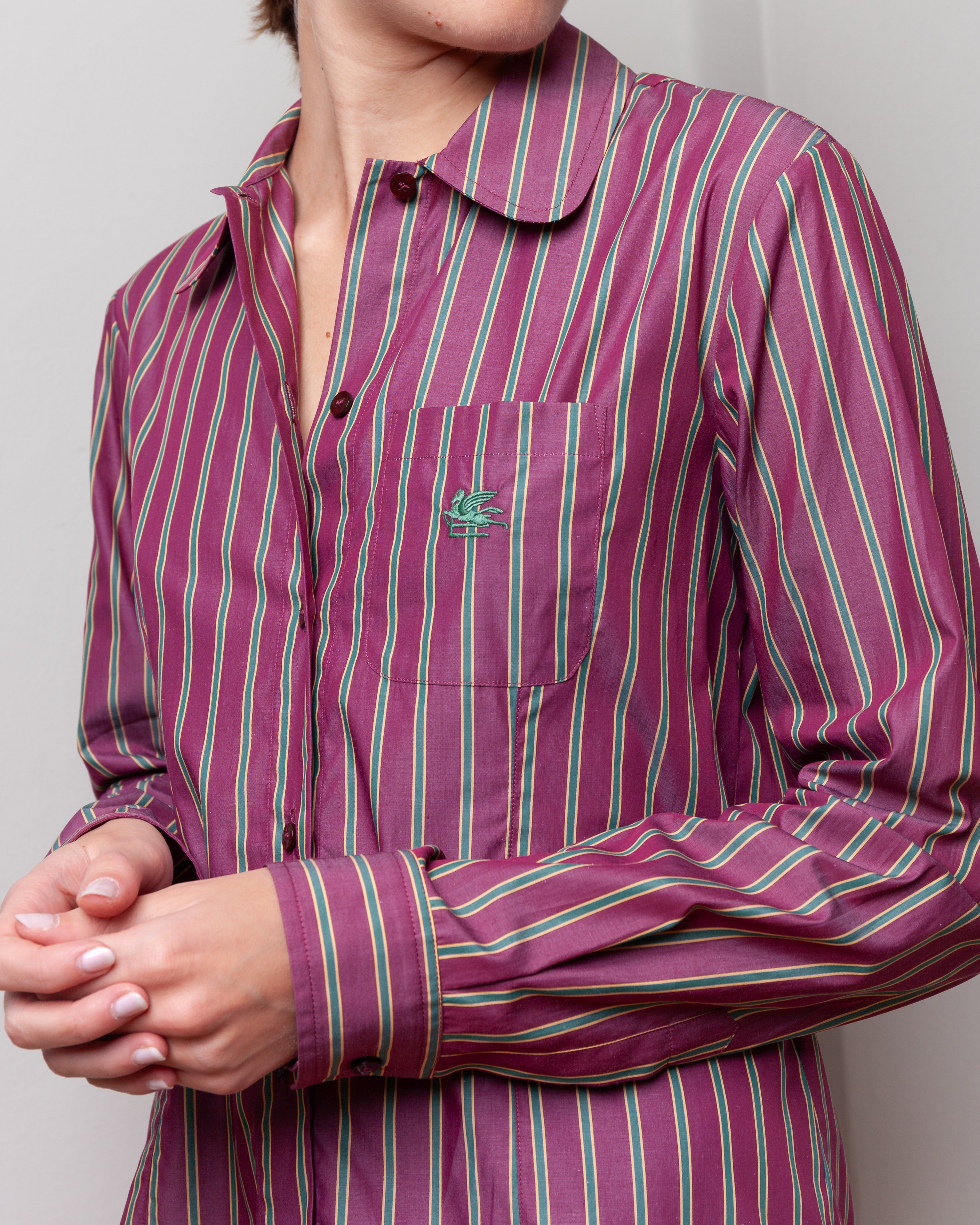 Fitted Shirt w/Pocket - Burgundy/Green Stripe