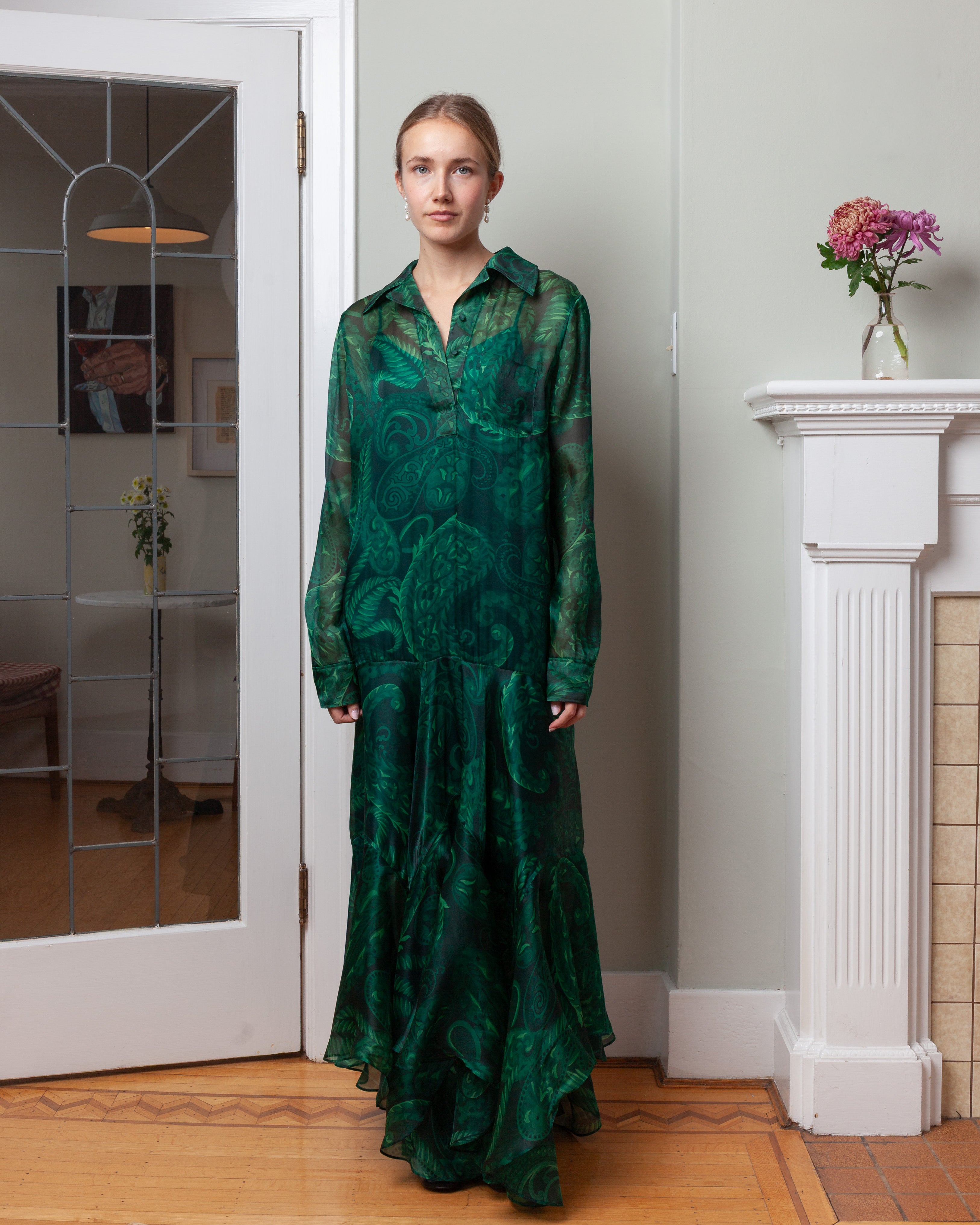 Maxi Shirt Dress w/Flounces - Dark Green