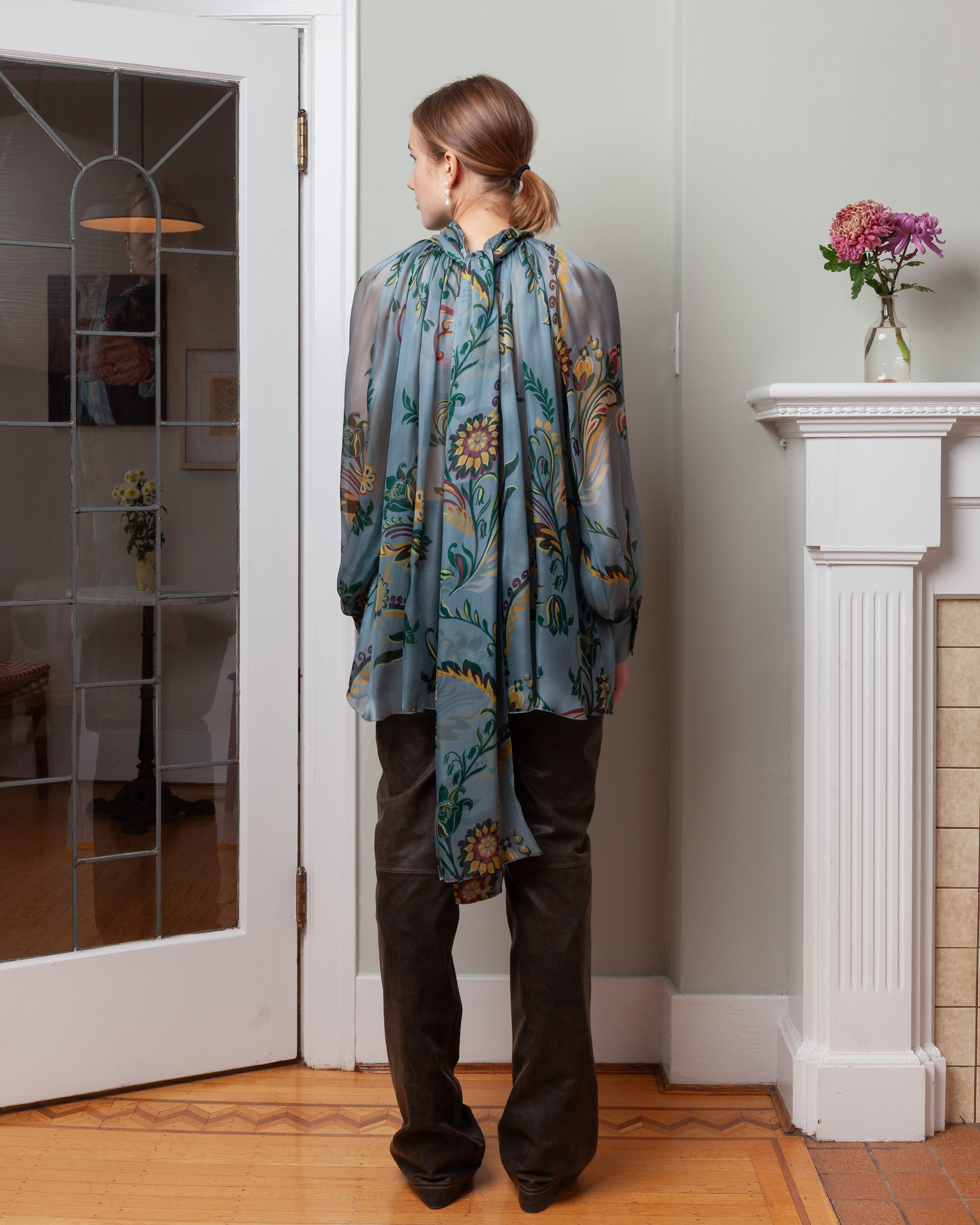 Ruched Top w/Scarf - Blue