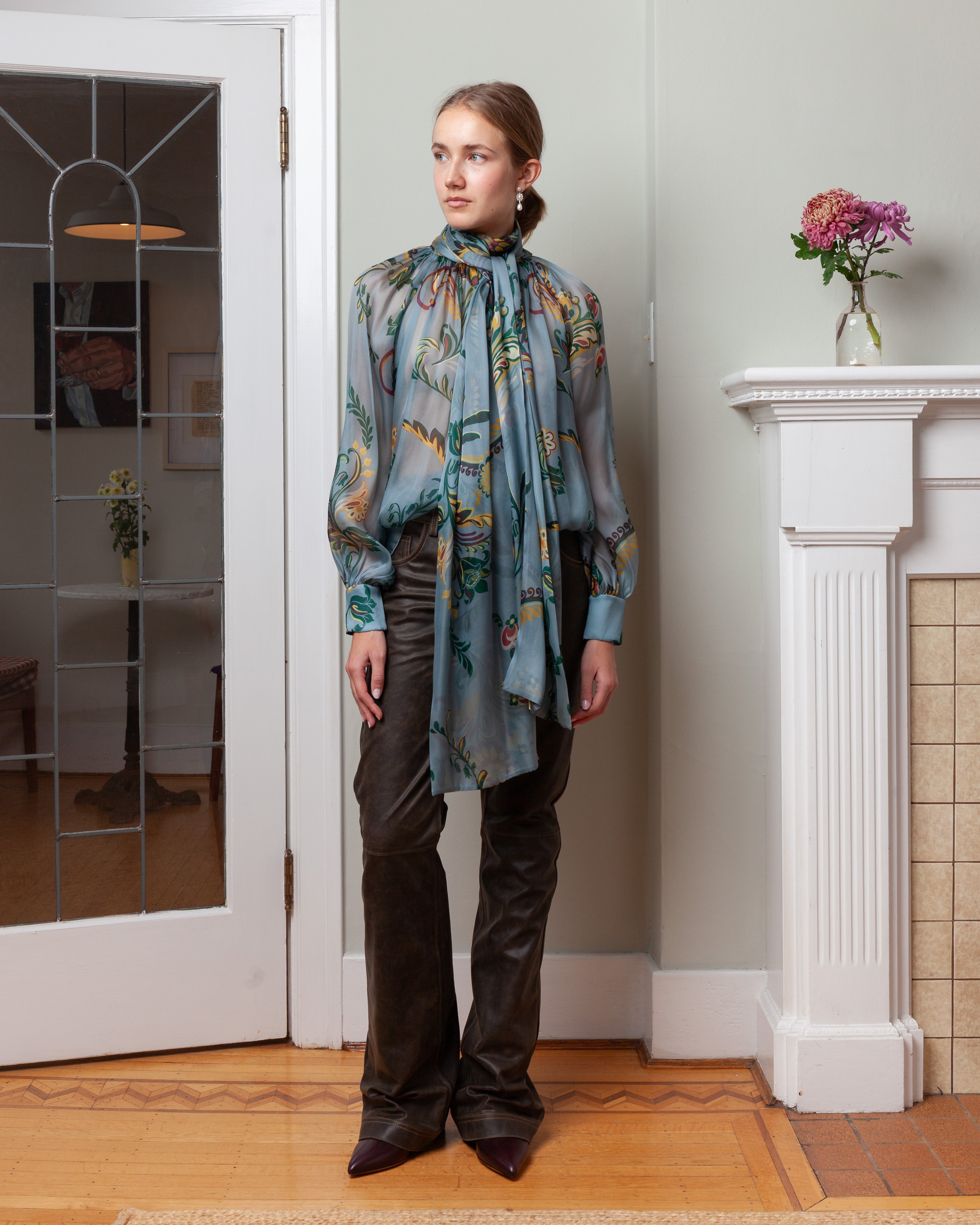 Ruched Top w/Scarf - Blue