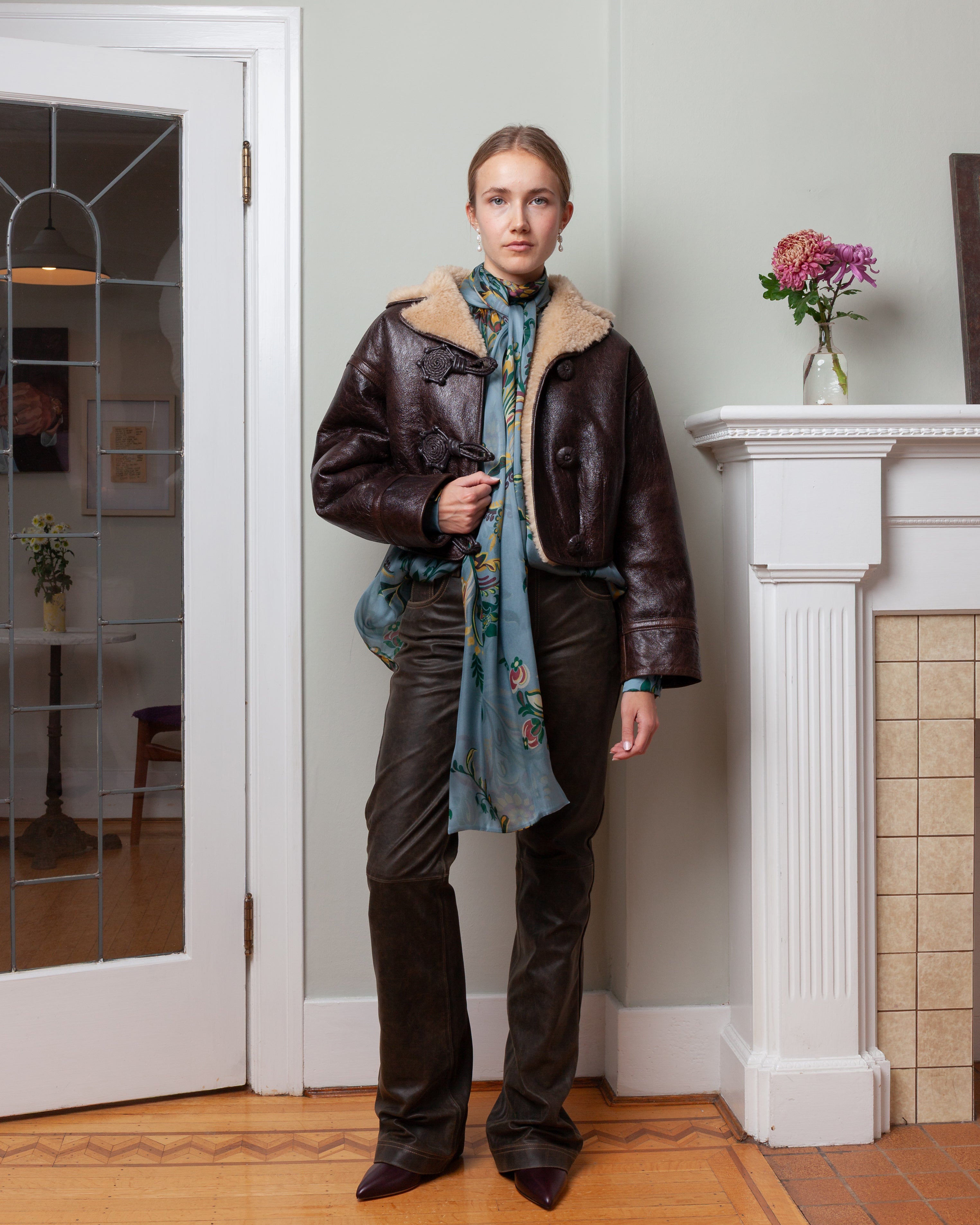 Crop Leather Shearling Jacket - Brown