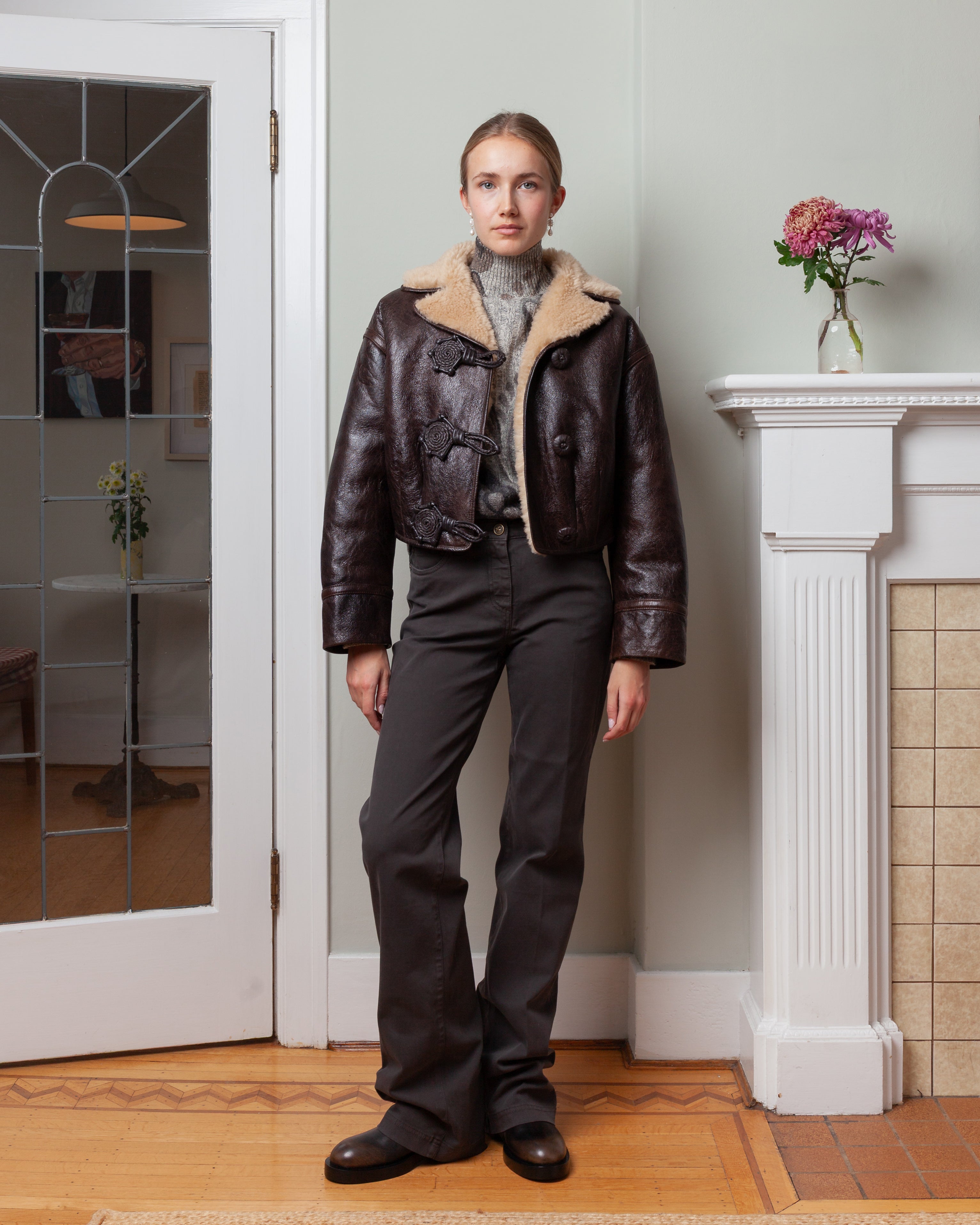 Crop Leather Shearling Jacket - Brown