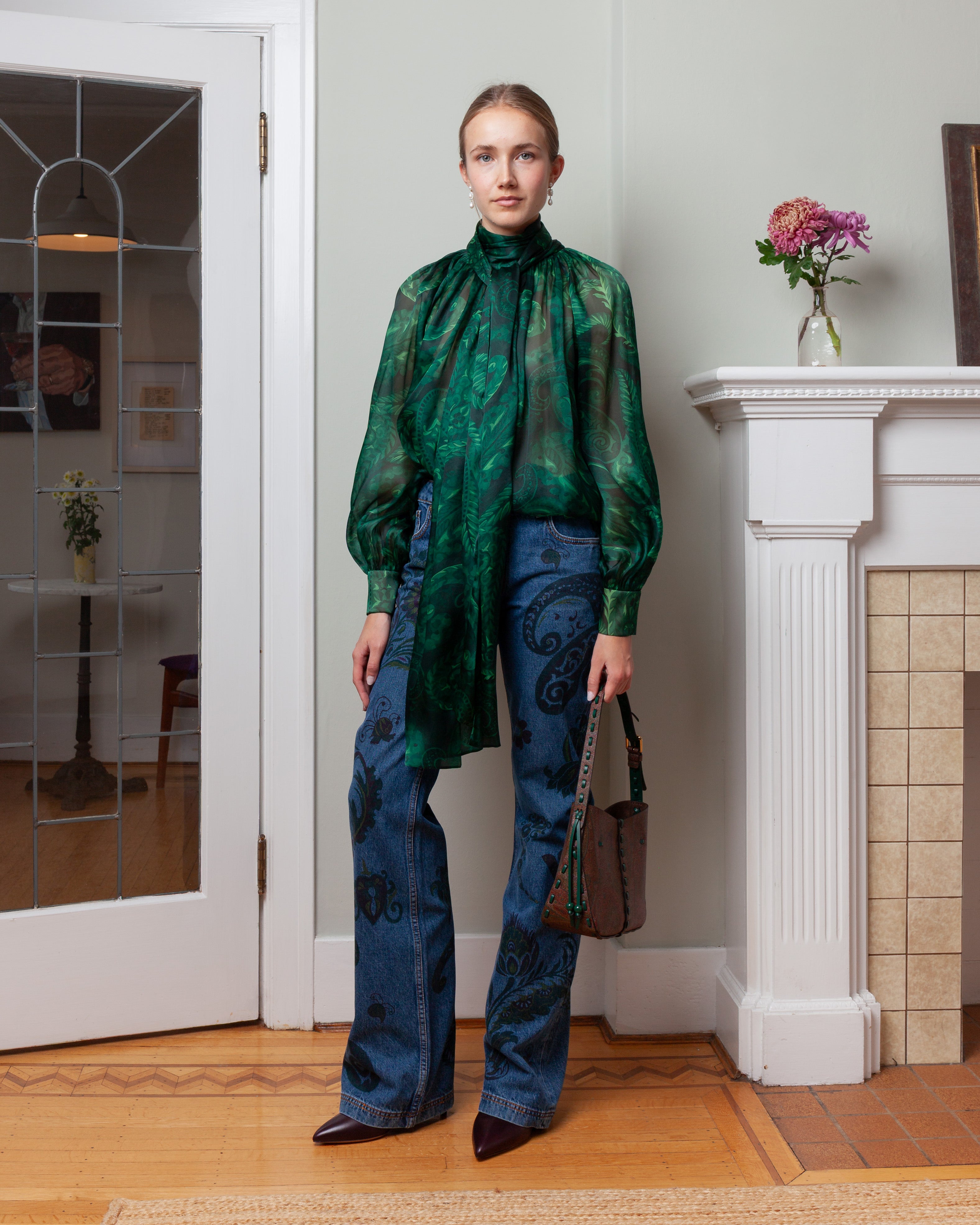 Ruched Top w/Scarf - Dark Green