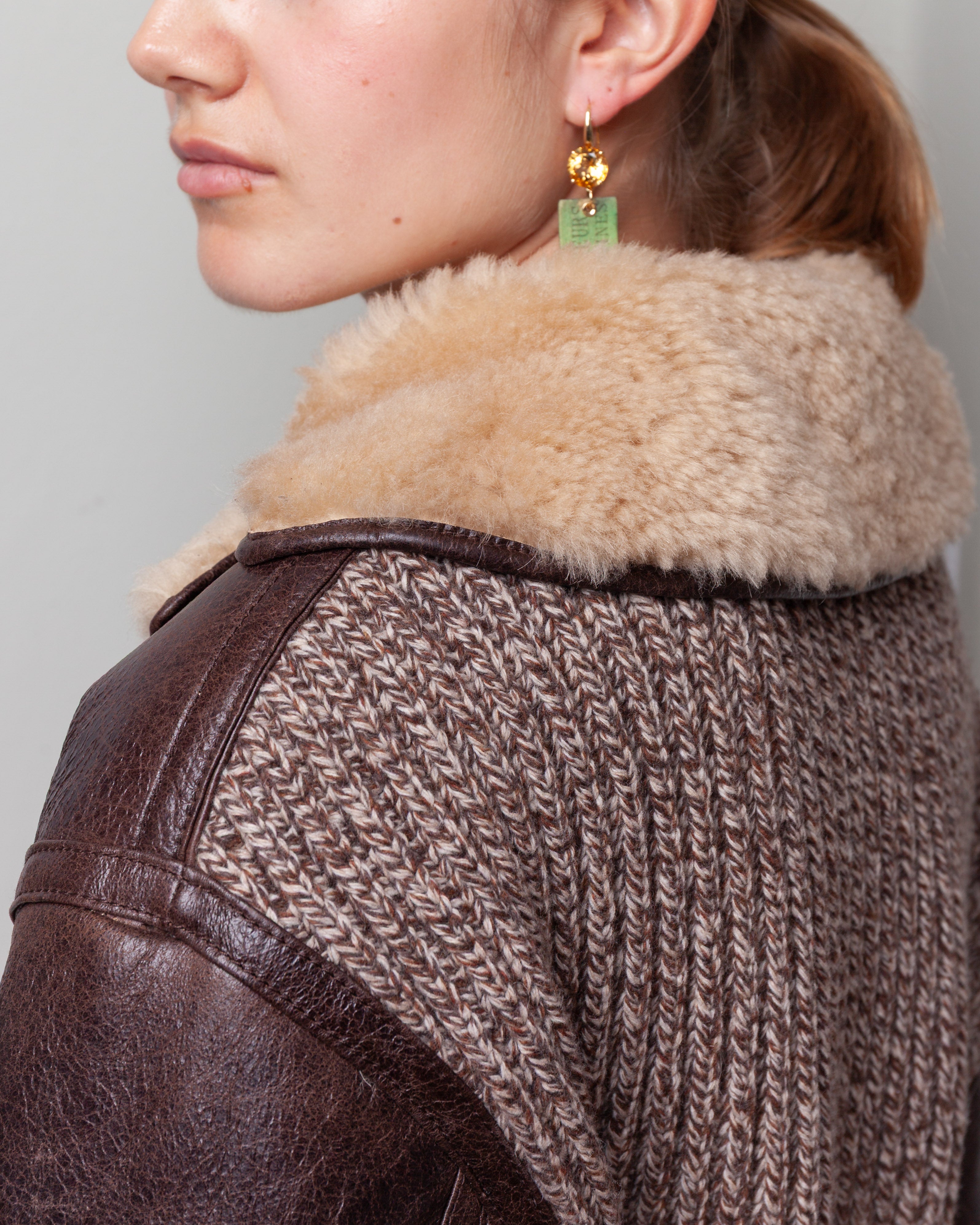 Crop Leather Shearling Jacket - Brown