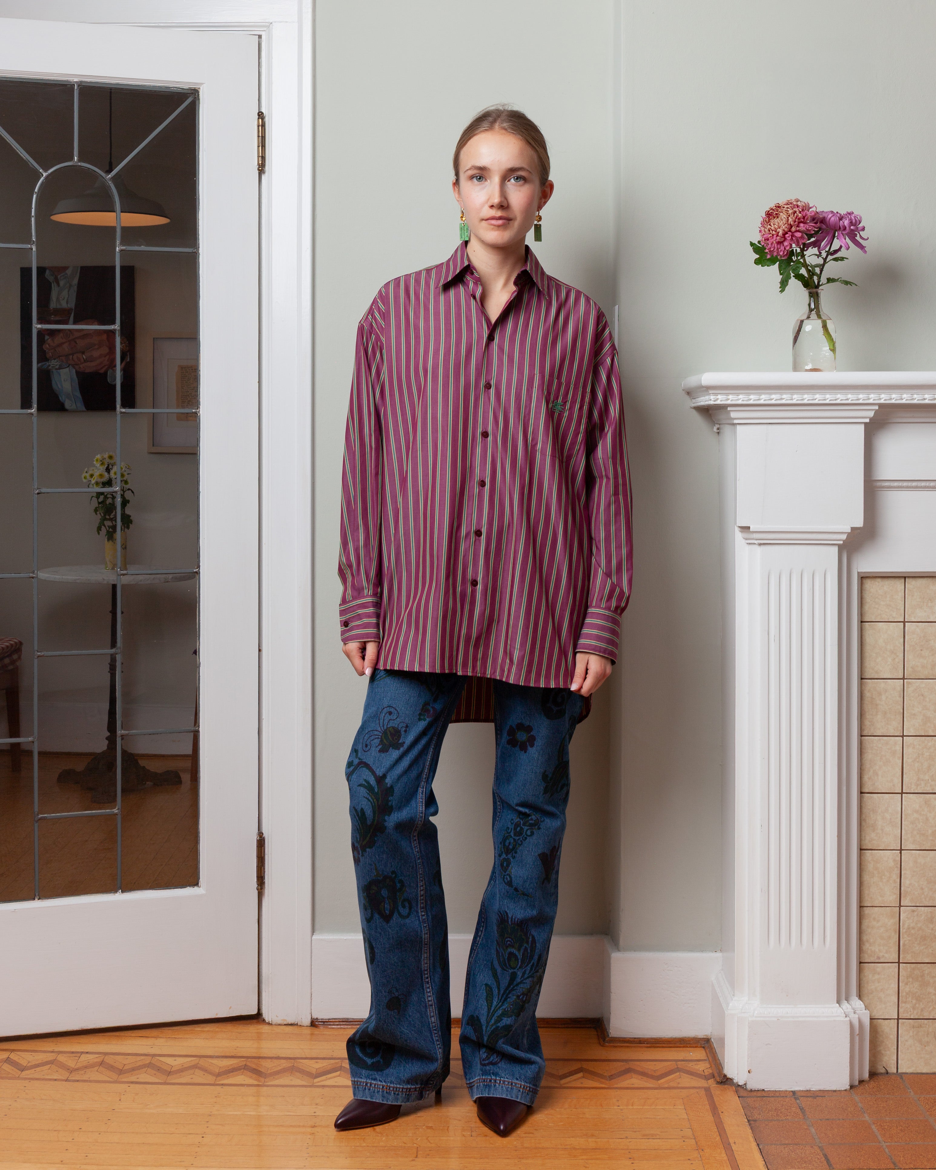 Loose Fit Shirt w/Pockets - Burgundy/Green Stripe