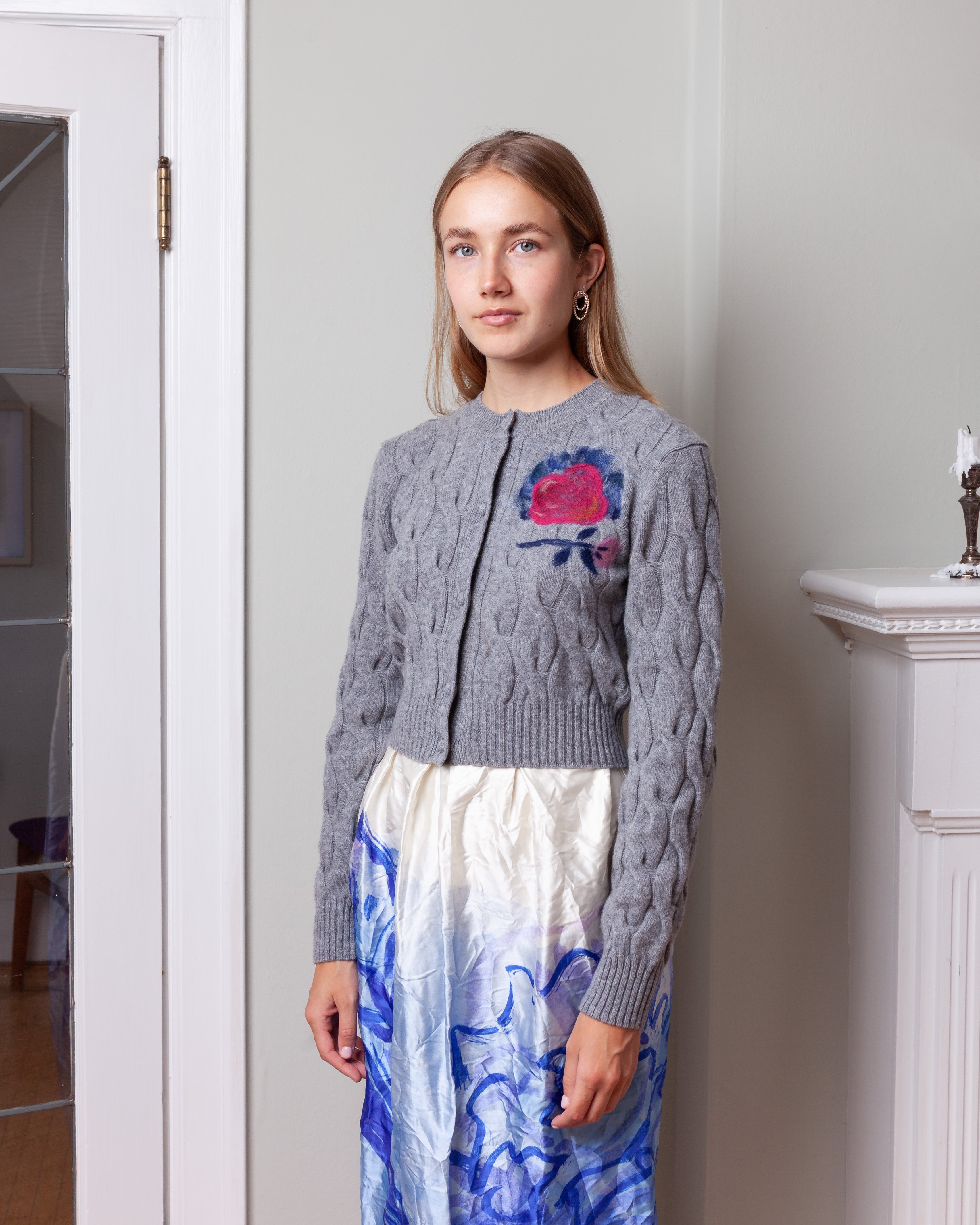 Crew Neck Cardigan - Light Grey Melange