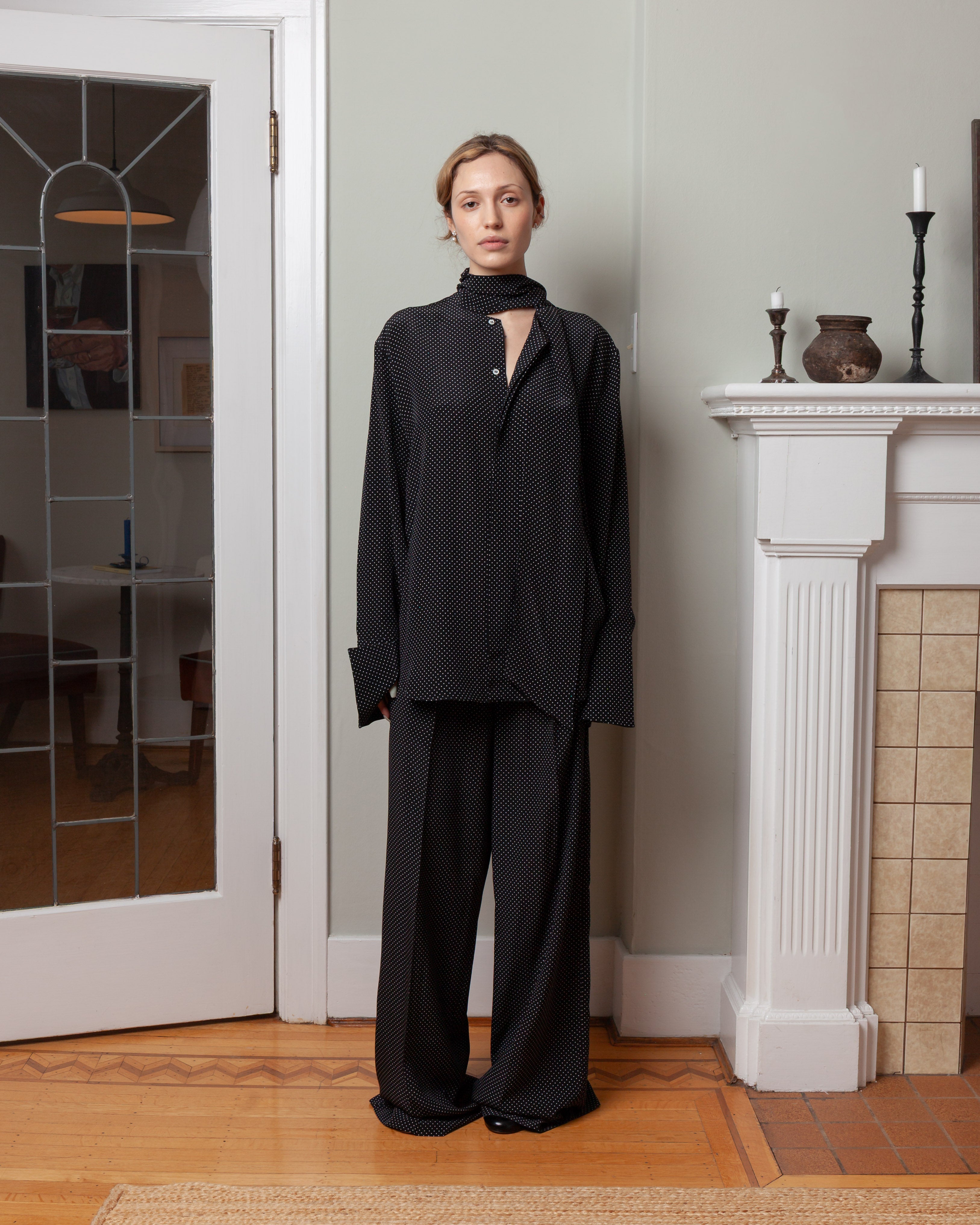 Silk Shirt w/Scarf - Micro Pois