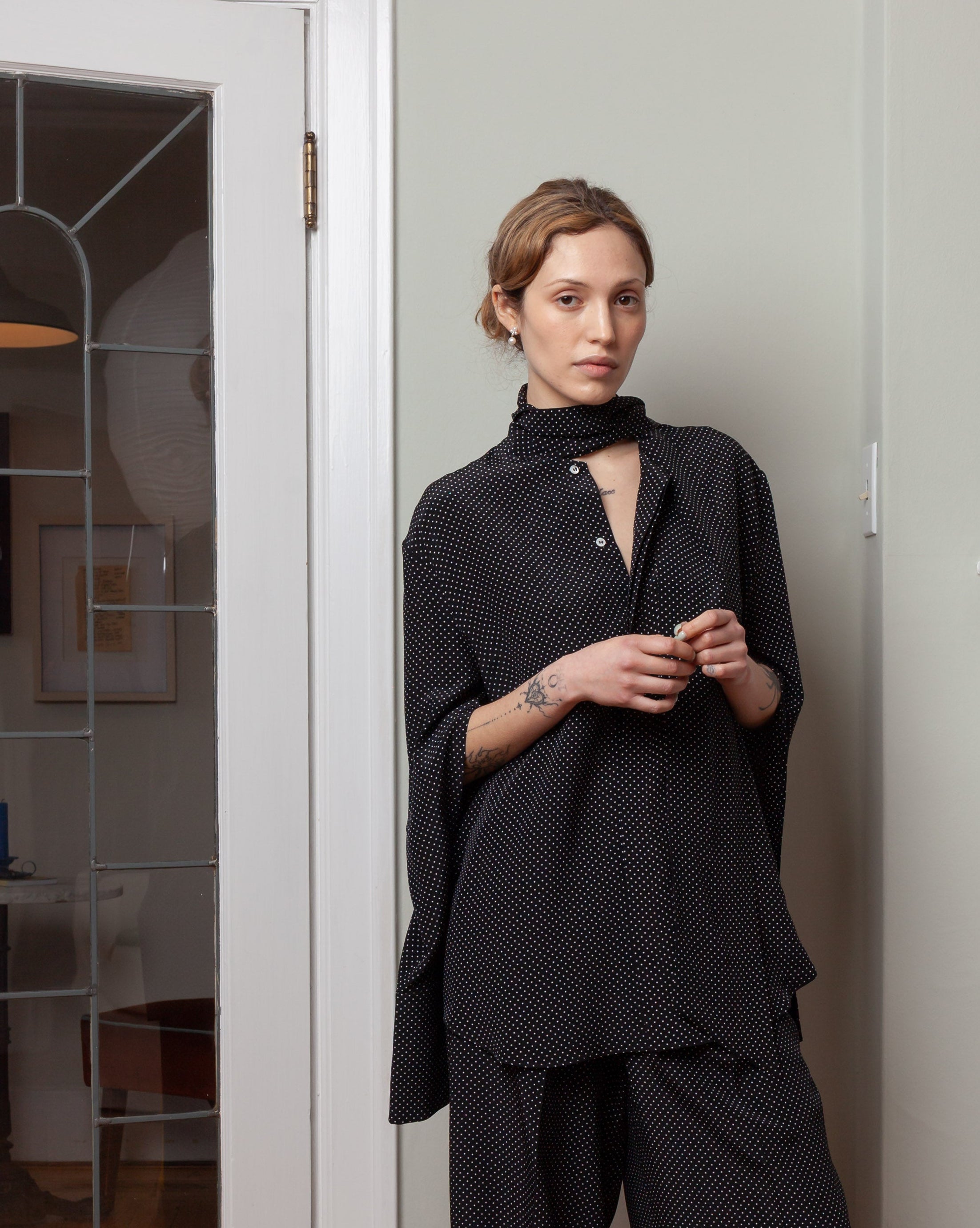 Silk Shirt w/Scarf - Micro Pois