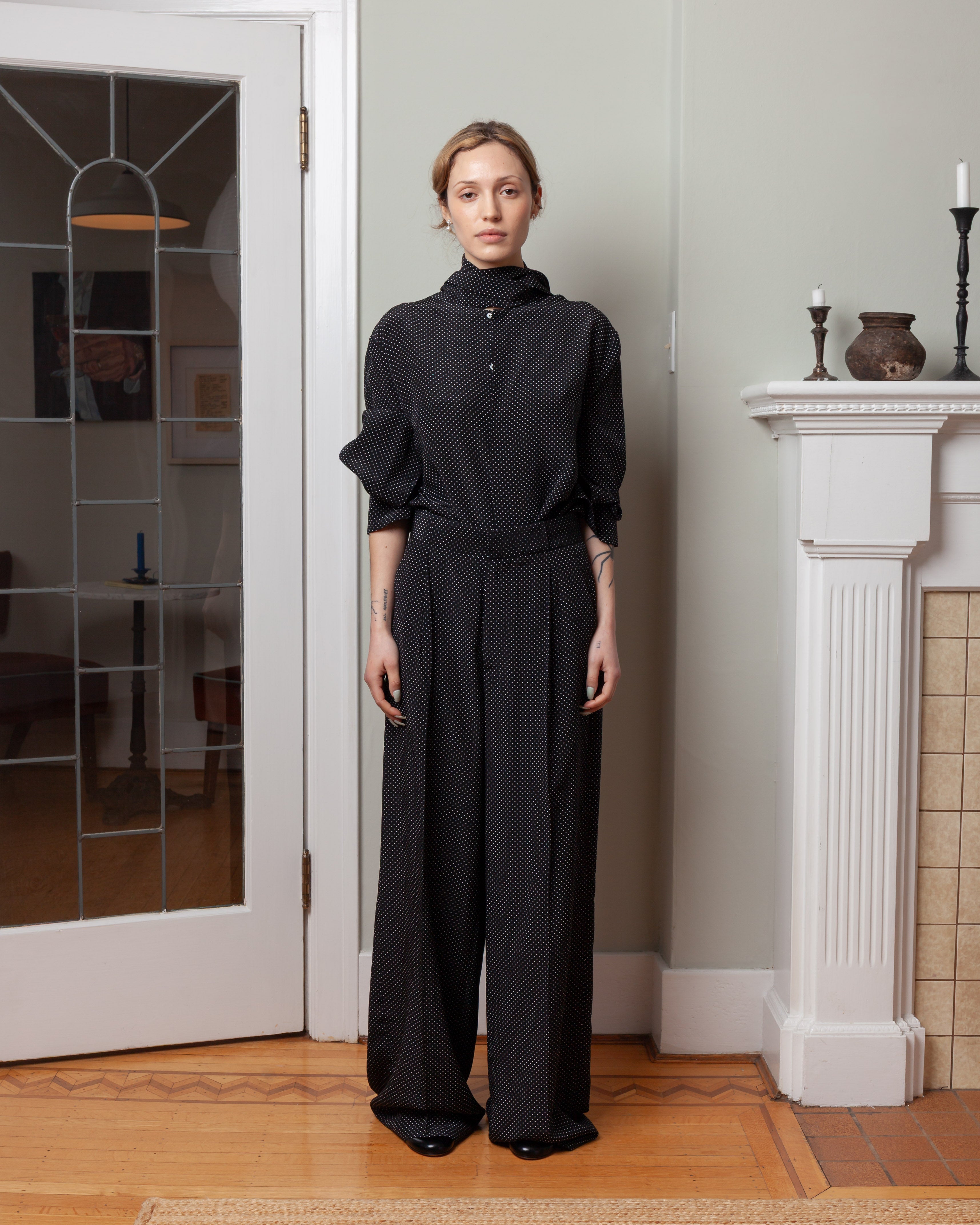 Silk Shirt w/Scarf - Micro Pois