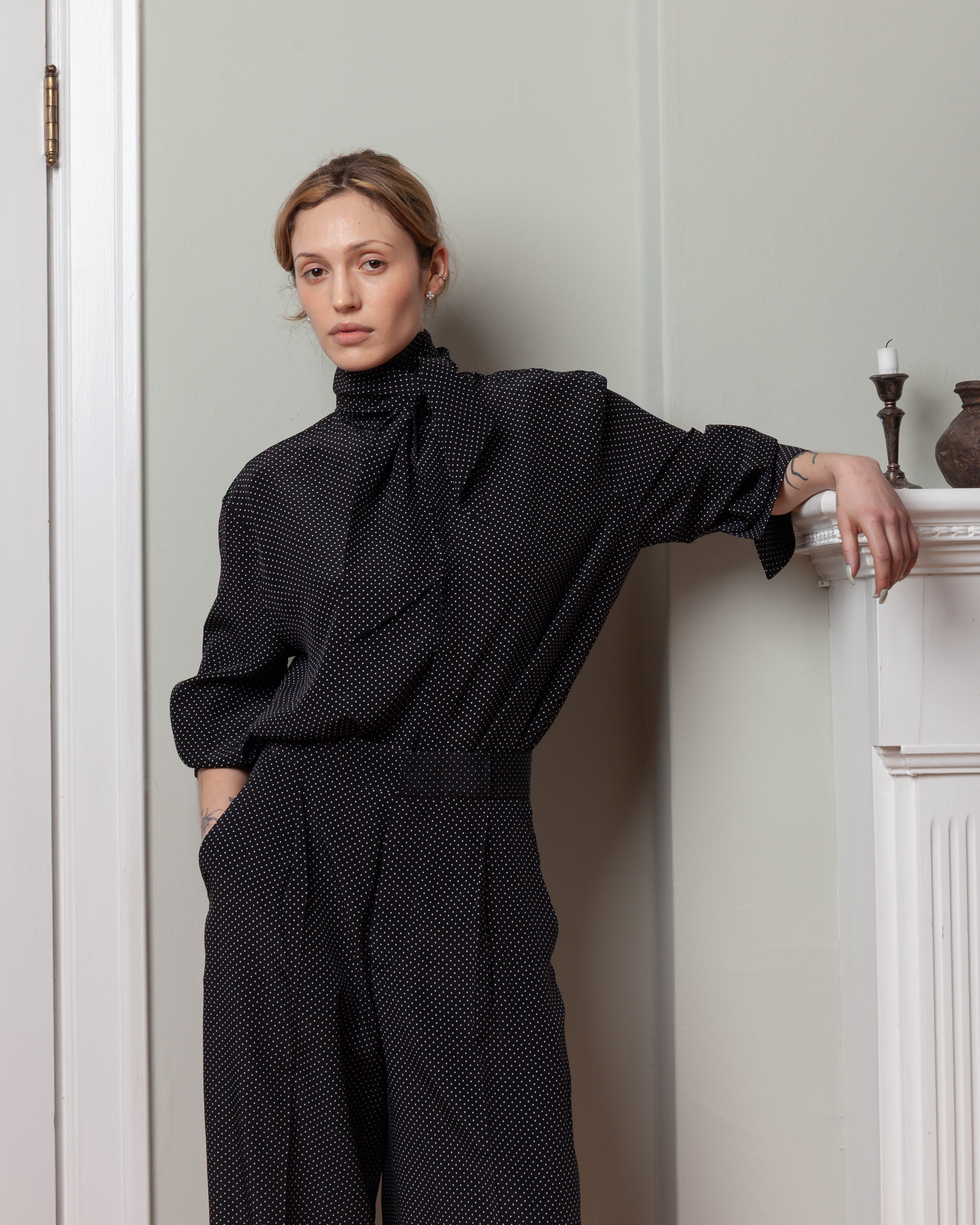 Silk Shirt w/Scarf - Micro Pois