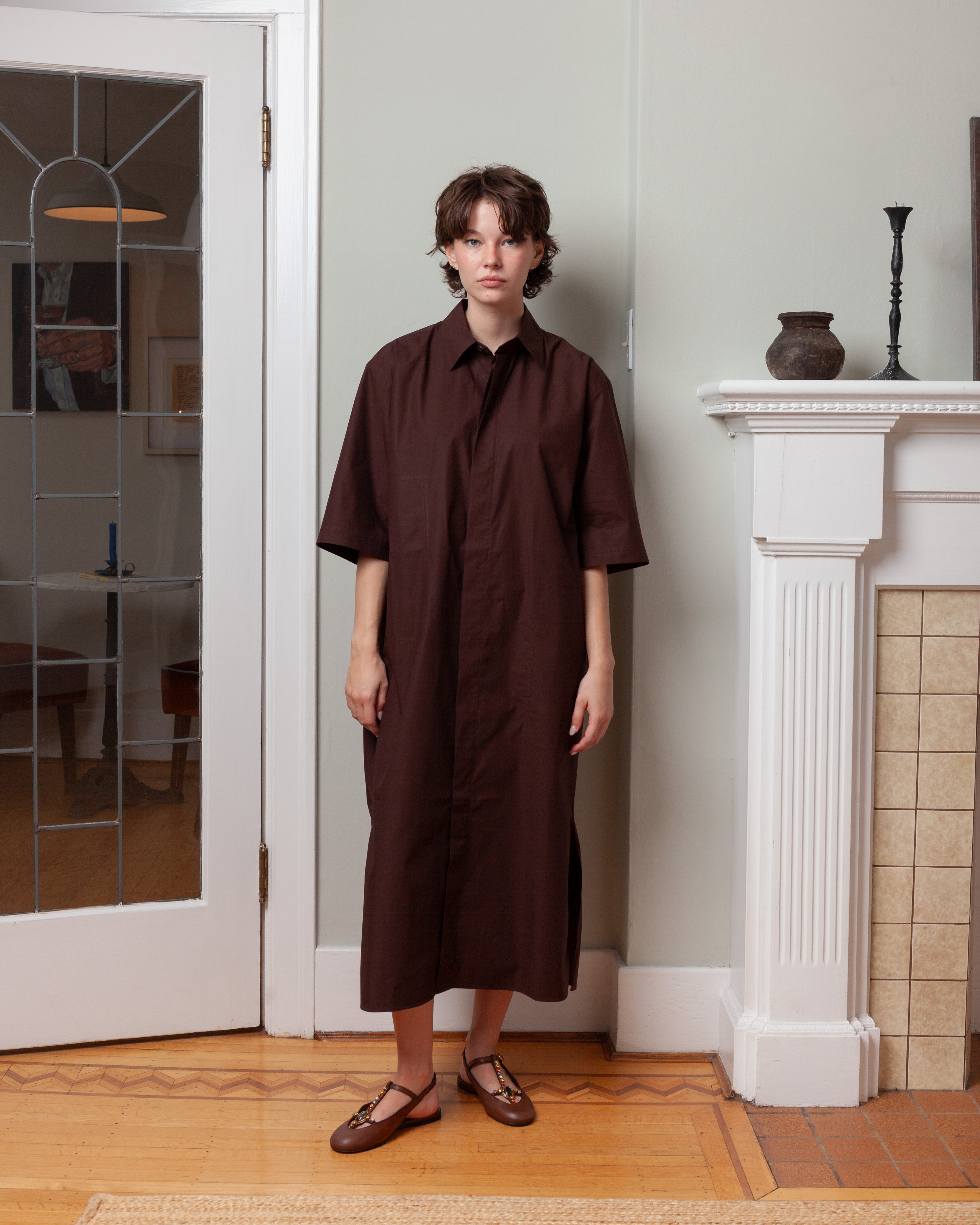 Short Sleeve Shirt Dress With Pockets - Cacao