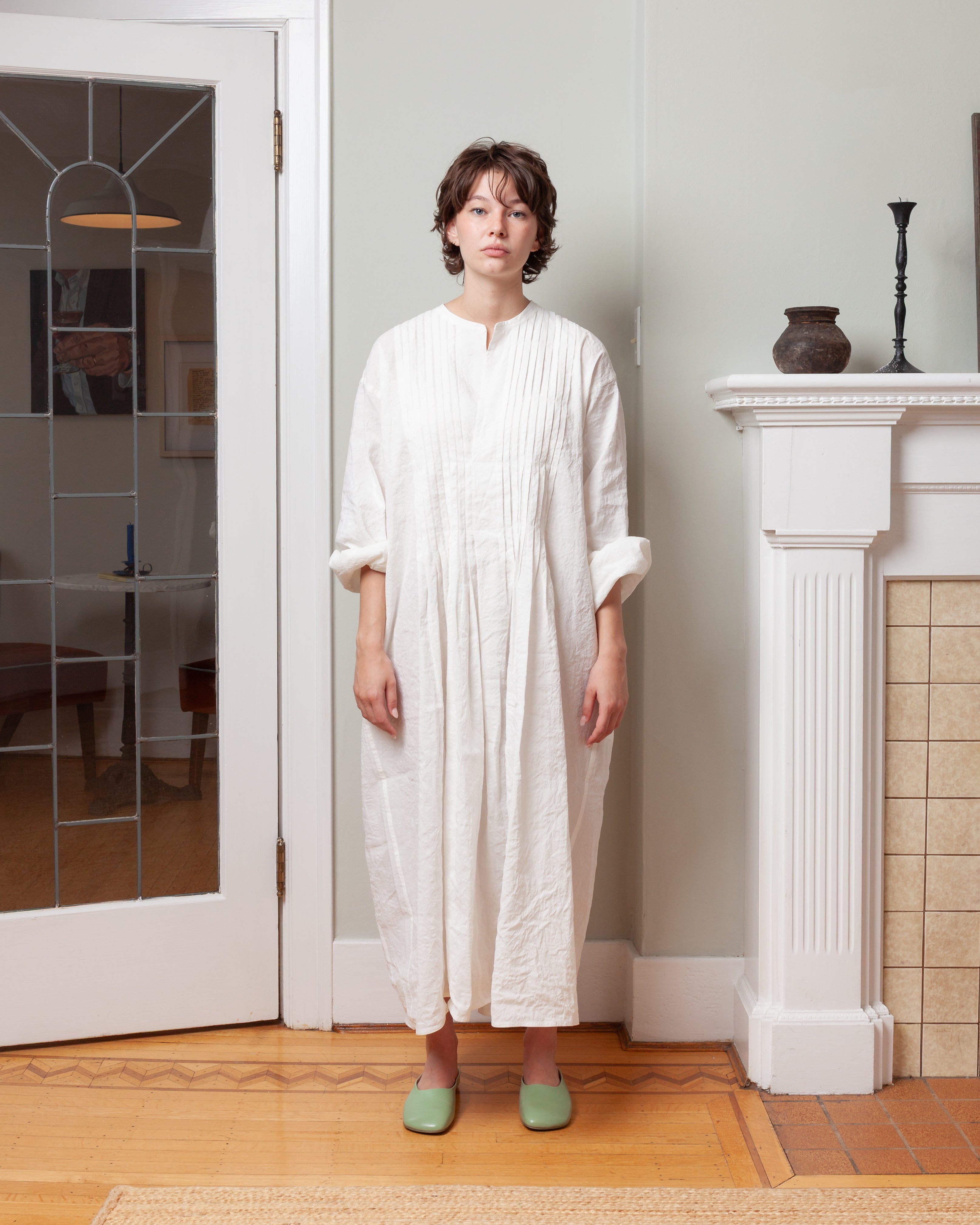 Long Sleeve Dress With Pleated Chest - Off-White