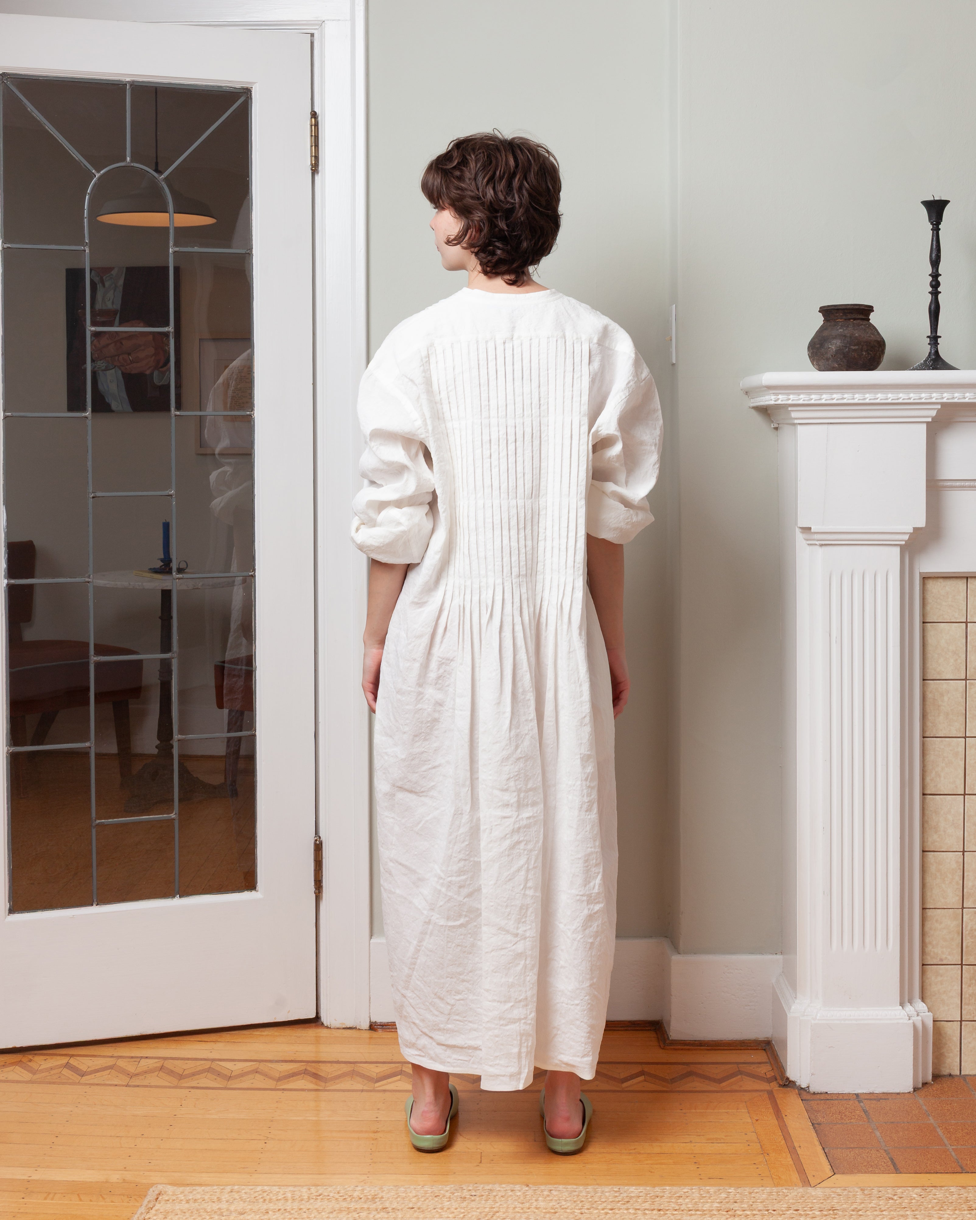 Long Sleeve Dress With Pleated Chest - Off-White