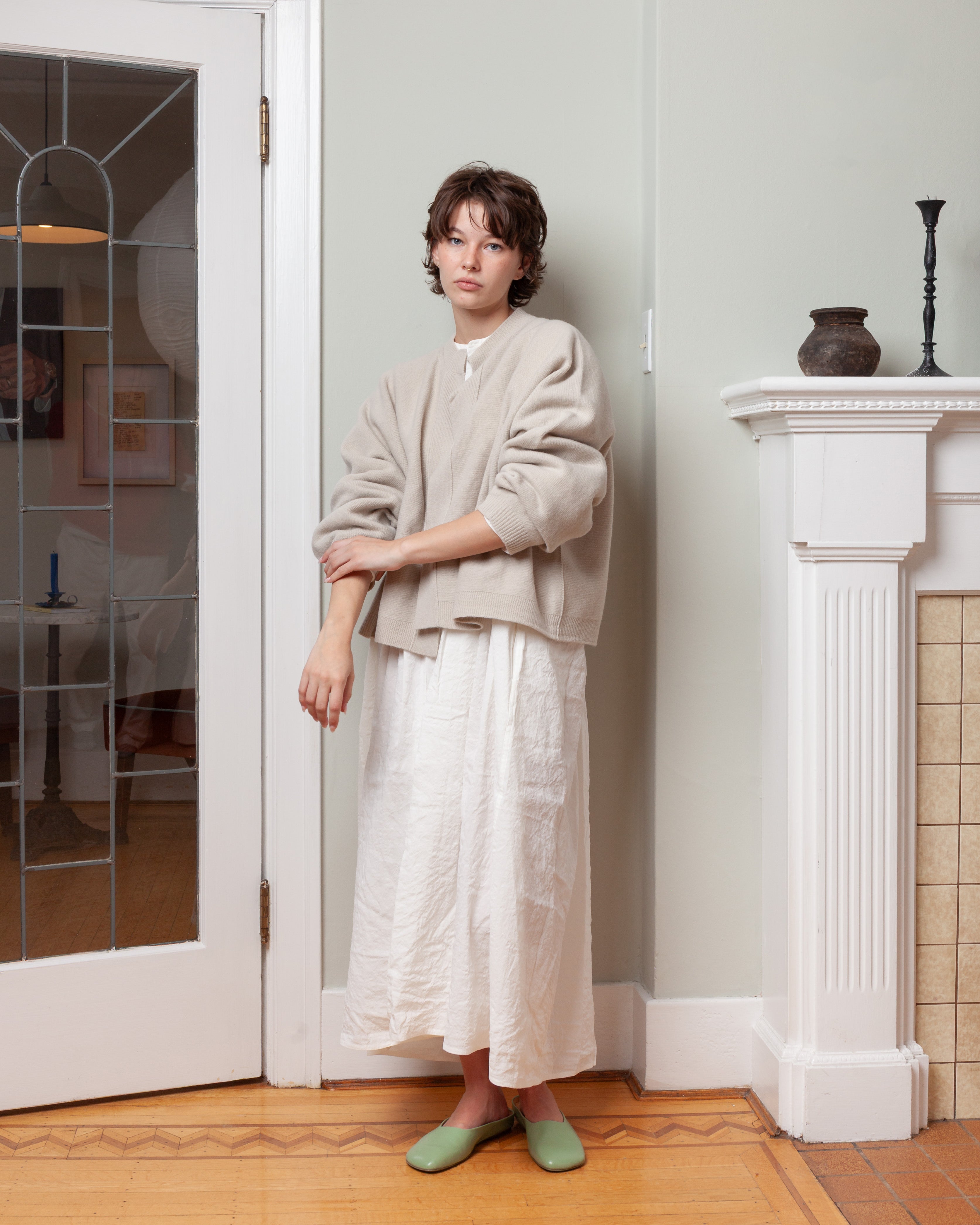 Long Sleeve Dress With Pleated Chest - Off-White