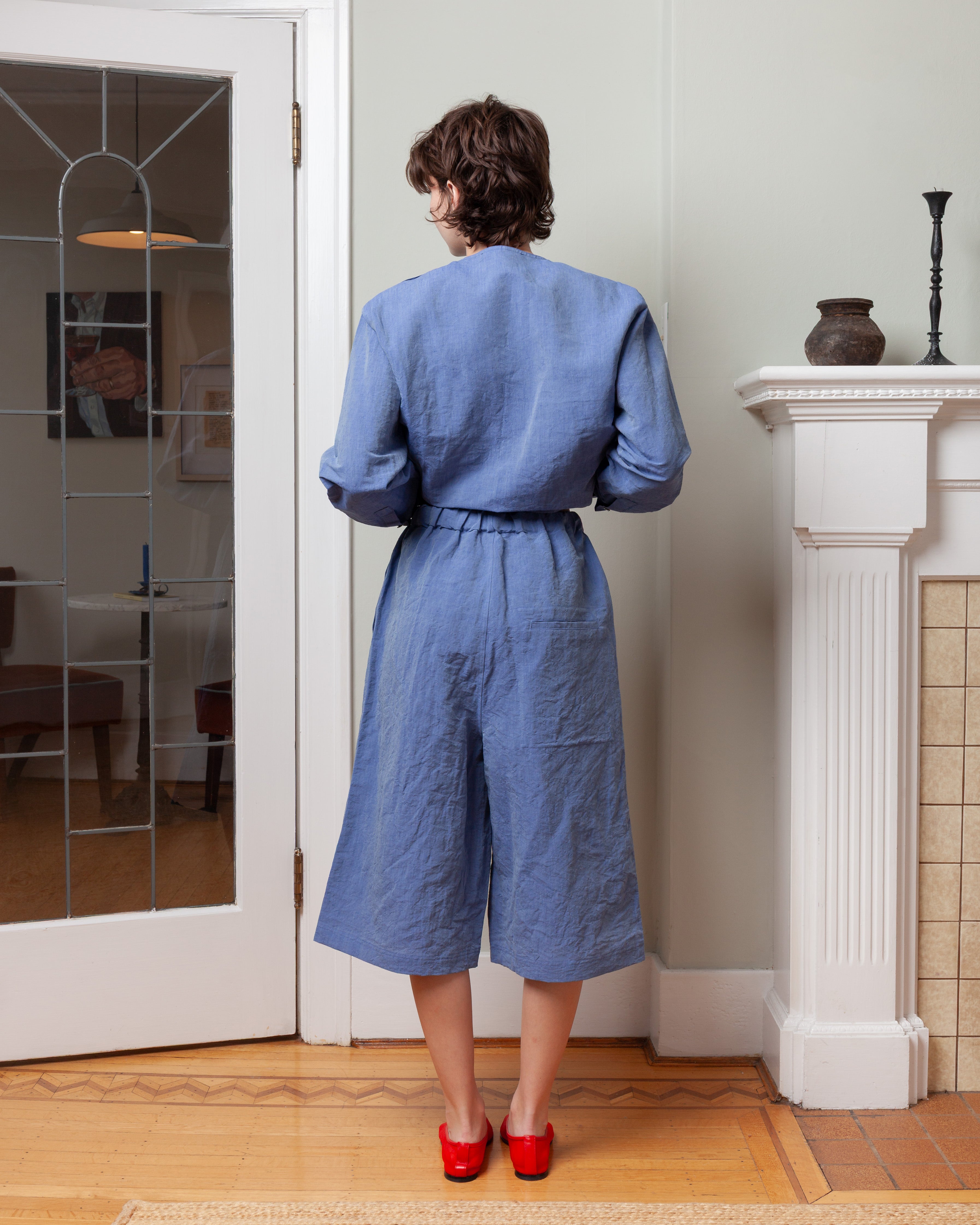 Elastic Waist Linen Blend Long Short - Blue