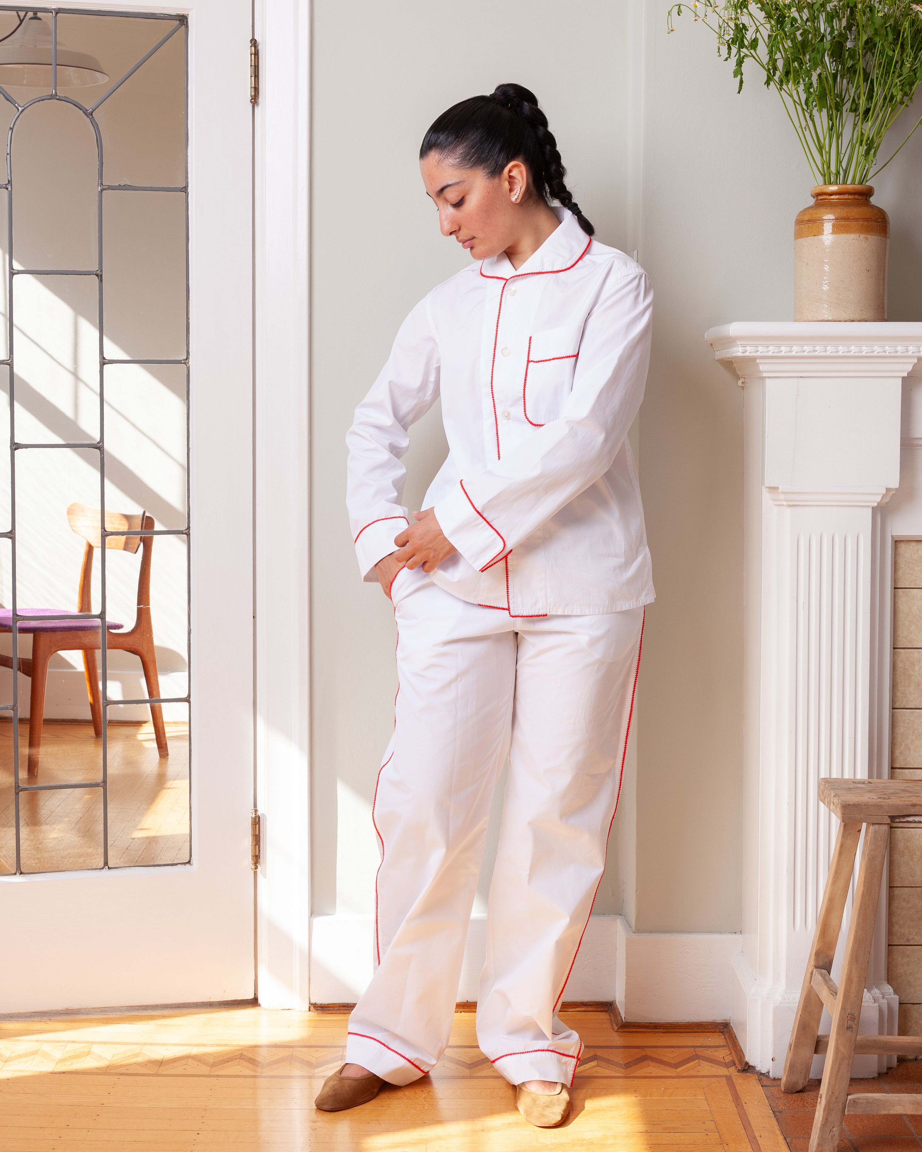 Stitch Embroidered Pyjama Shirt w/Pant 2Pcs - White Poplin/Red