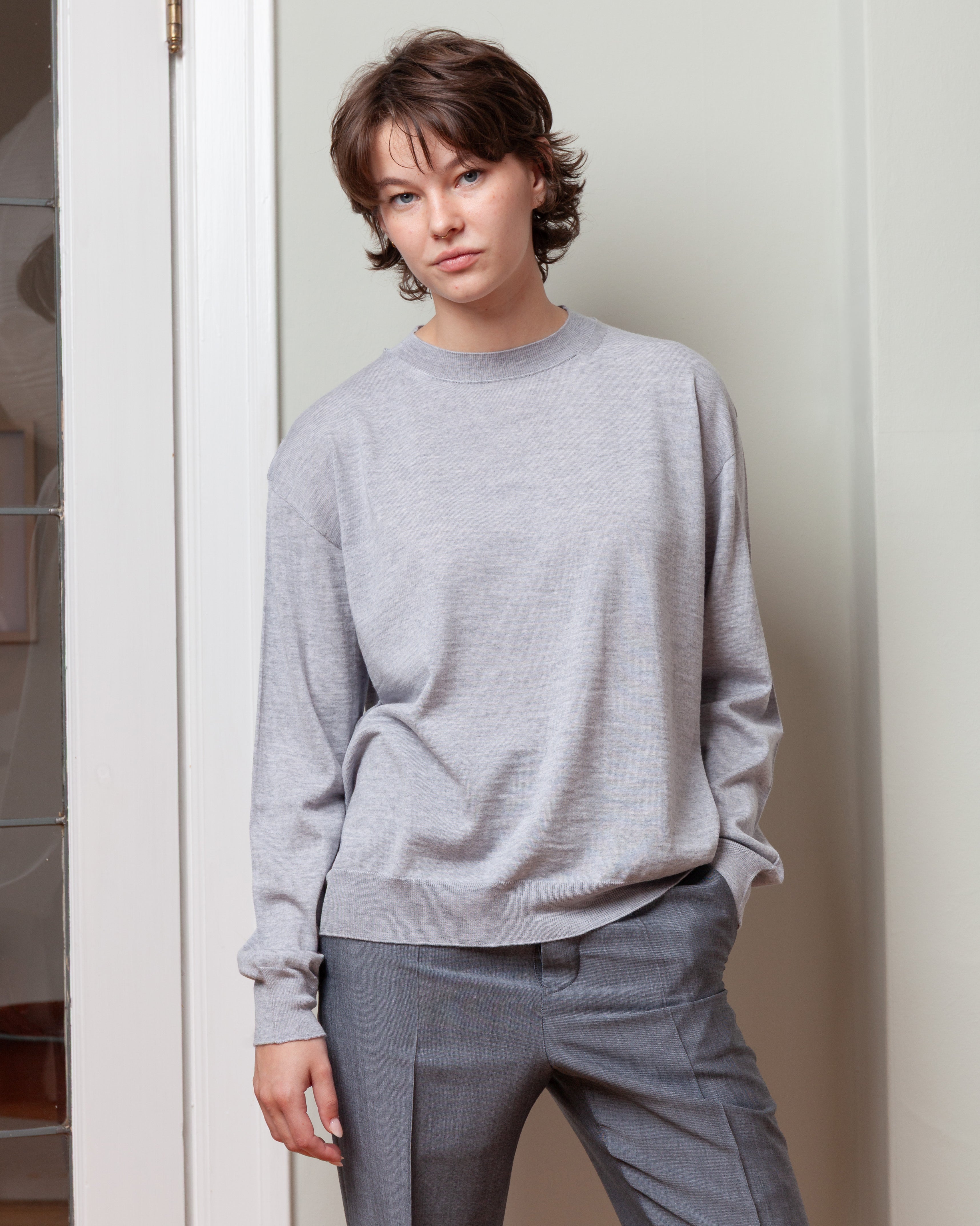 Crewneck Pullover Long Sleeve Top - Silver