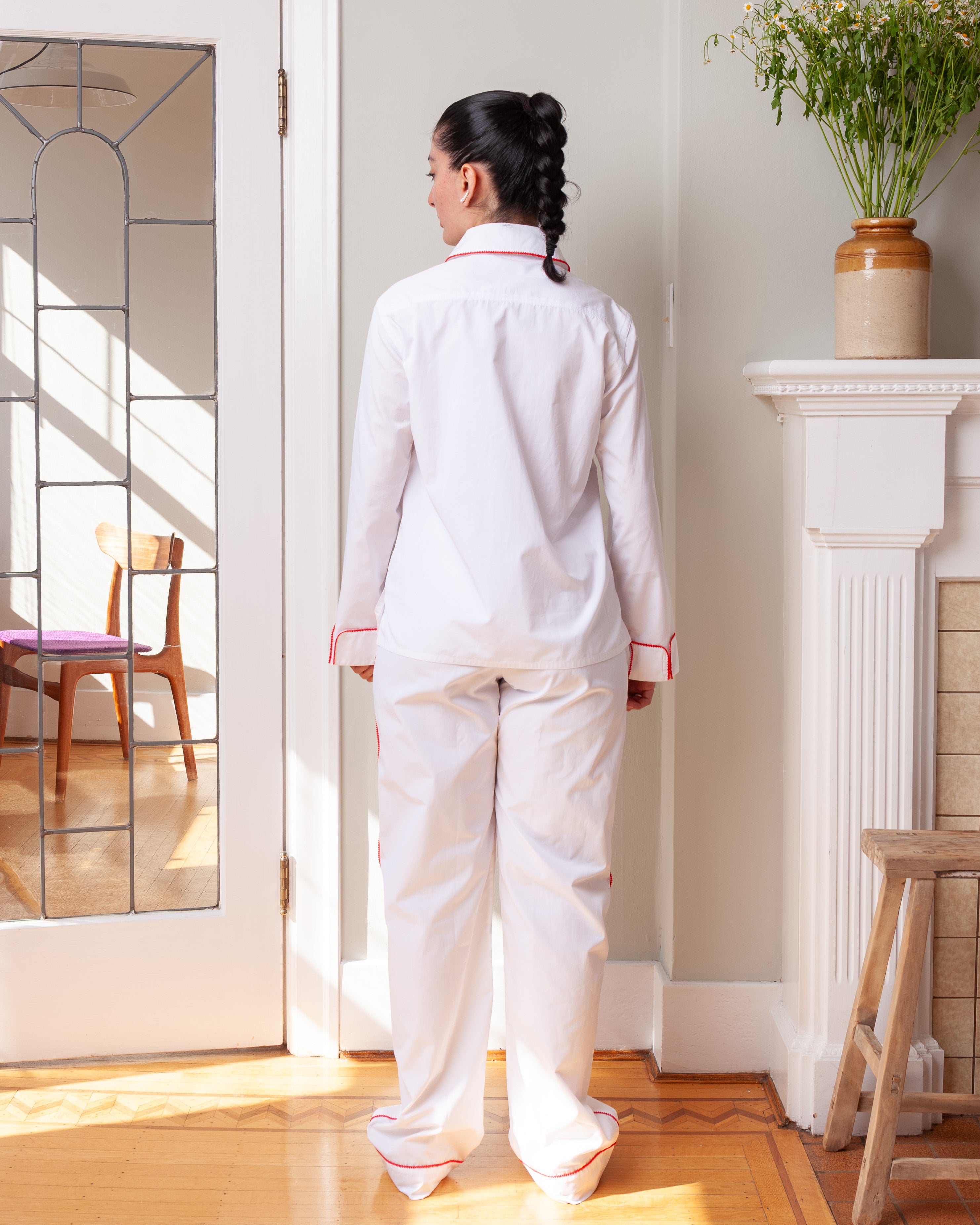 Stitch Embroidered Pyjama Shirt w/Pant 2Pcs - White Poplin/Red