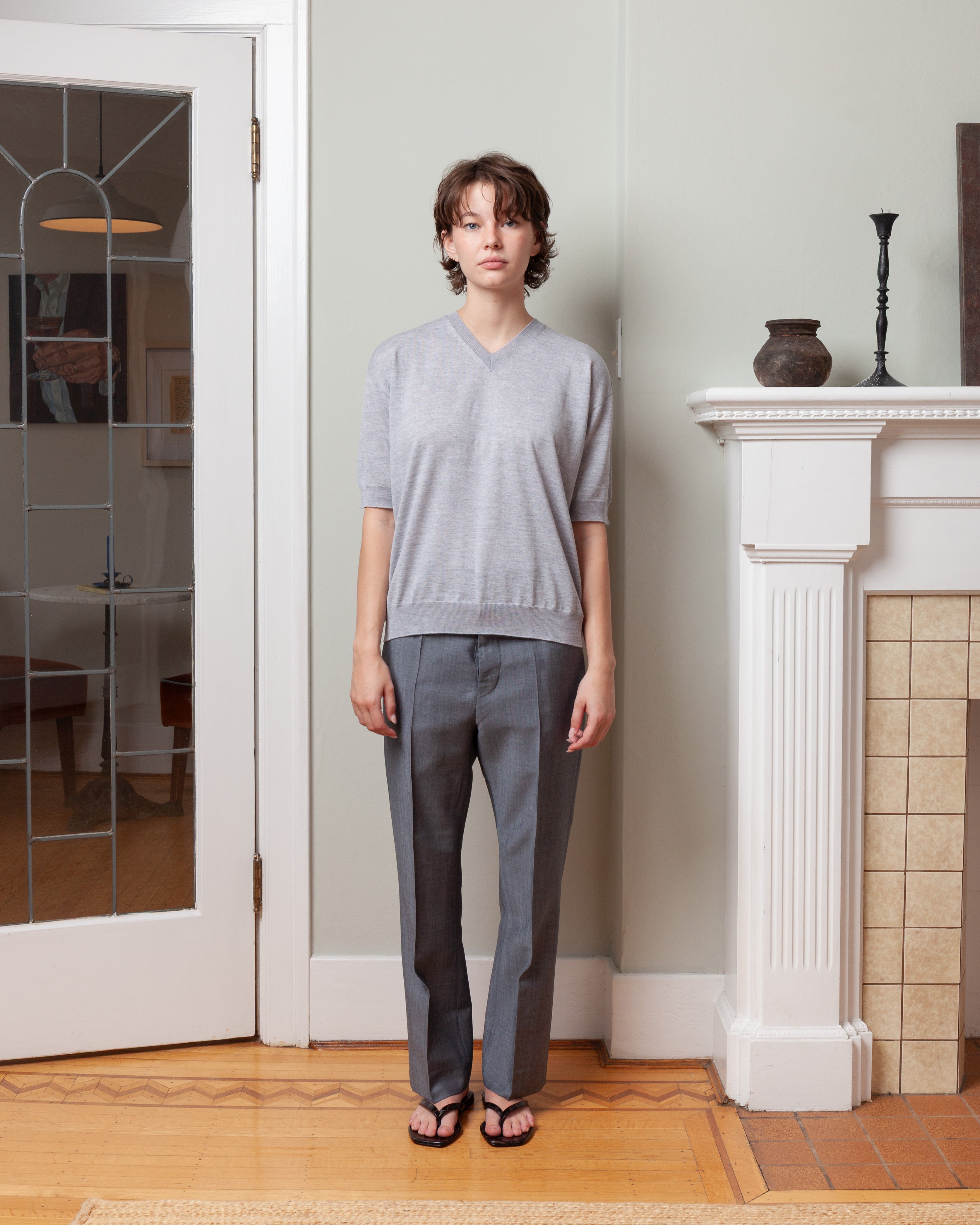 V Neck Pullover Short Sleeve Top - Silver
