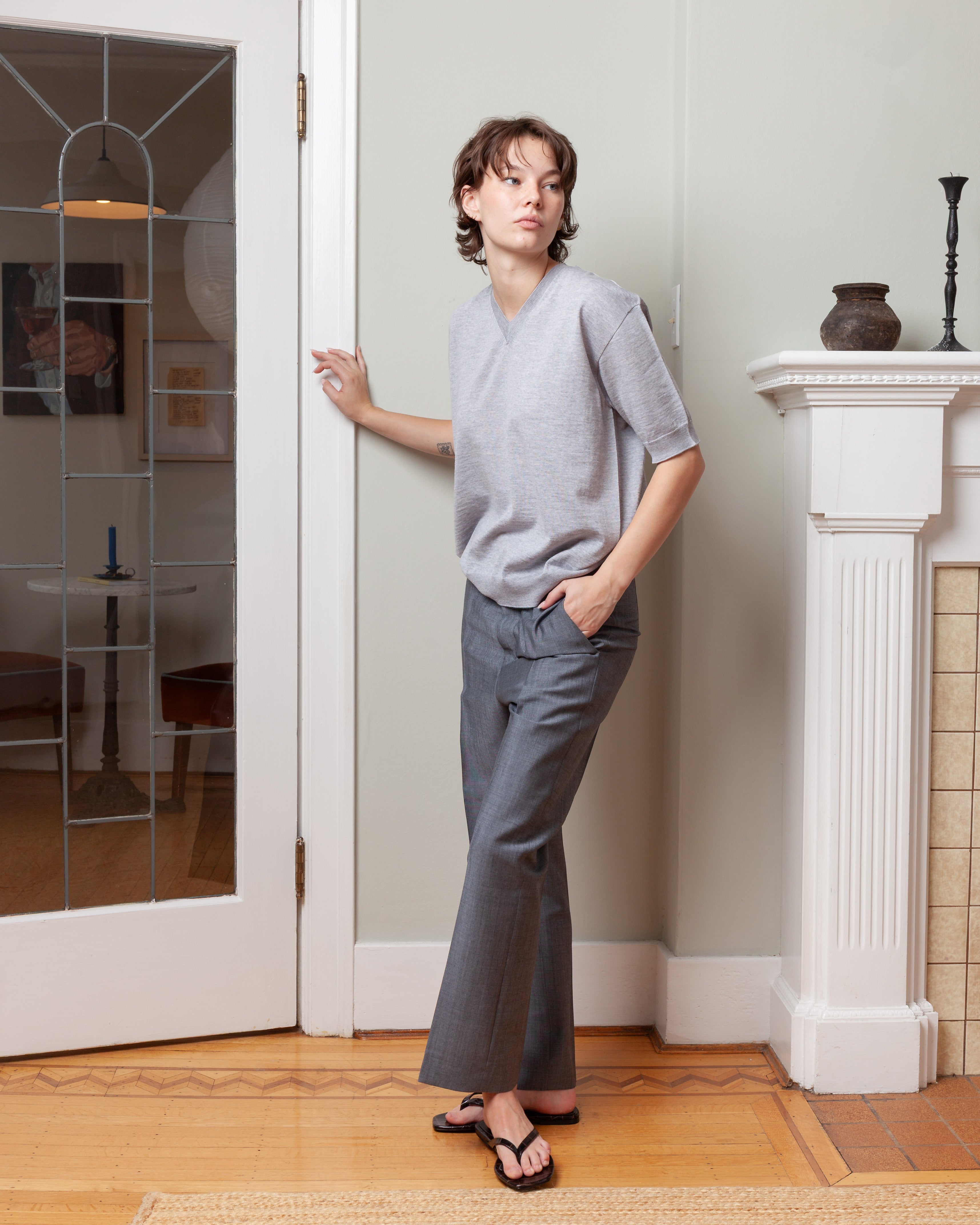 V Neck Pullover Short Sleeve Top - Silver