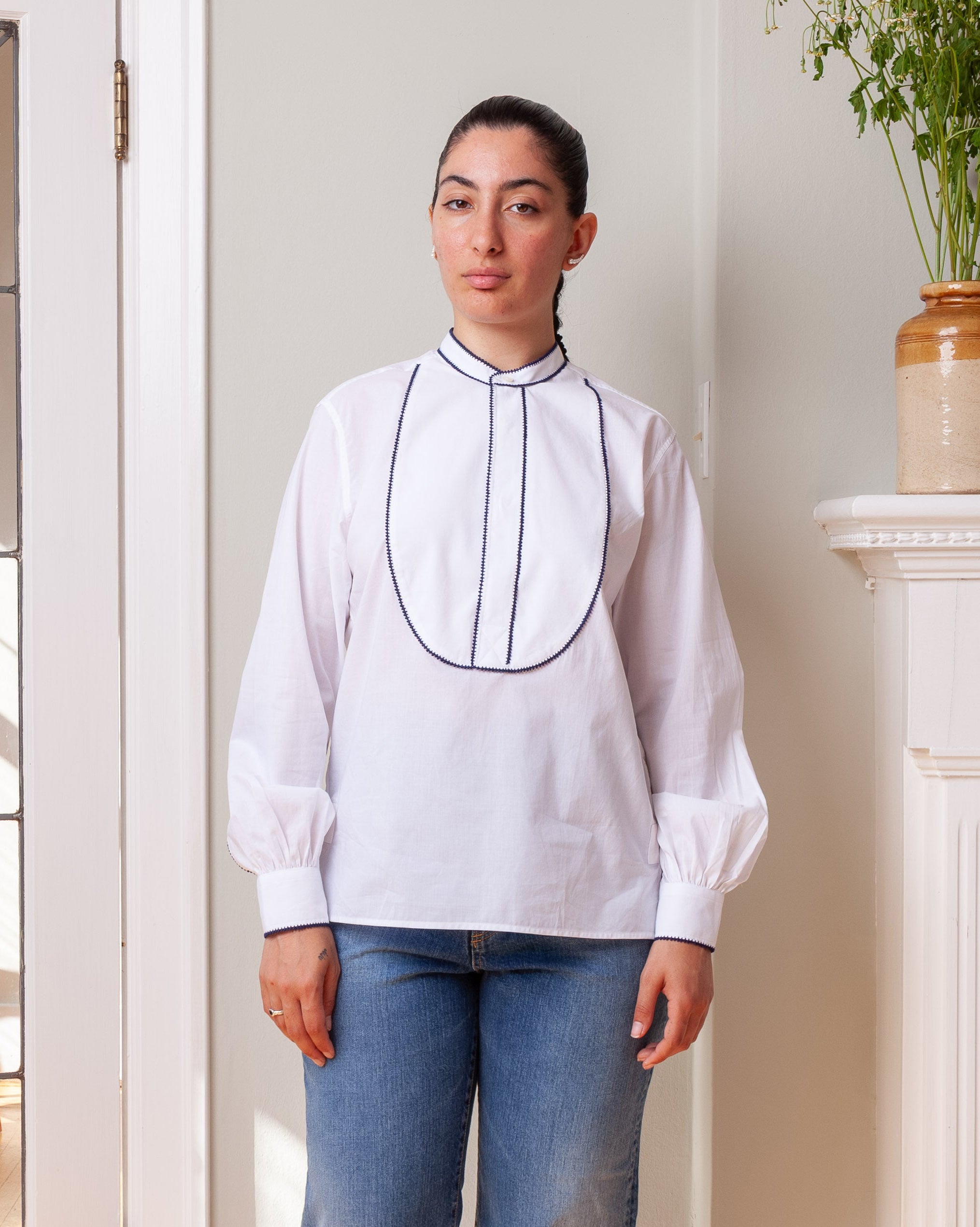 Stitch Embroidered Painter's Shirt - White Voile/Navy
