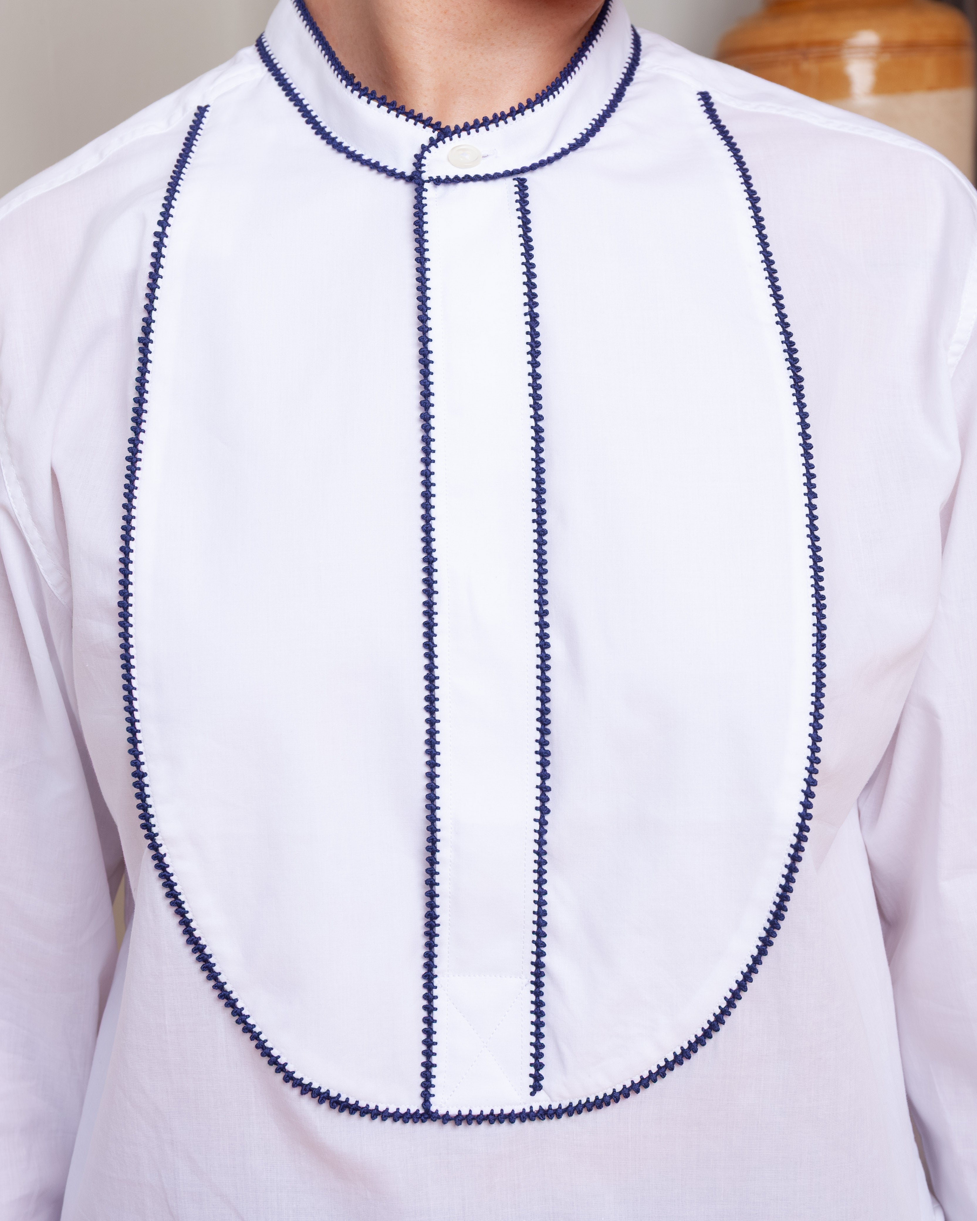 Stitch Embroidered Painter's Shirt - White Voile/Navy
