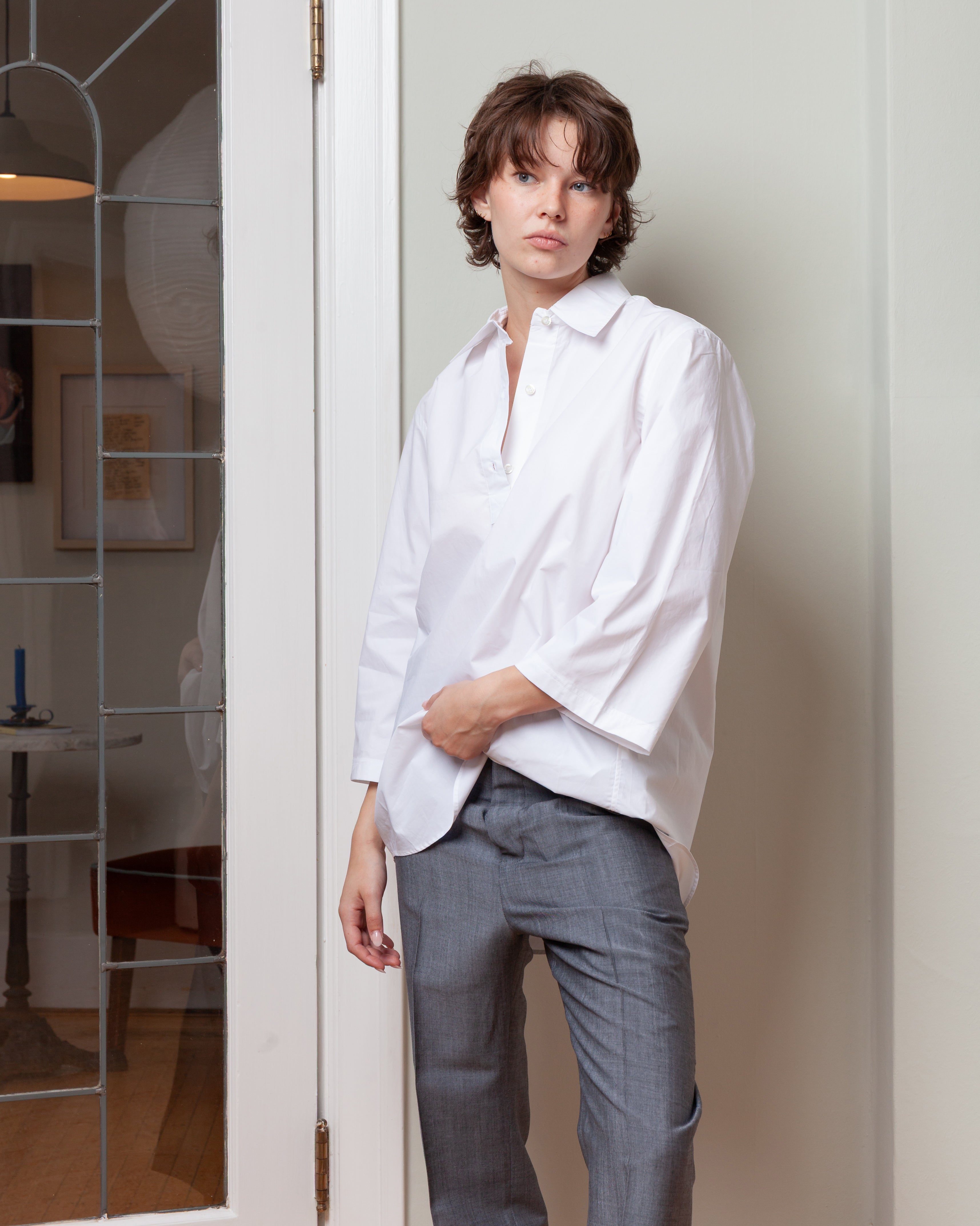 3/4 Sleeve Shirt With Polo Closure - White