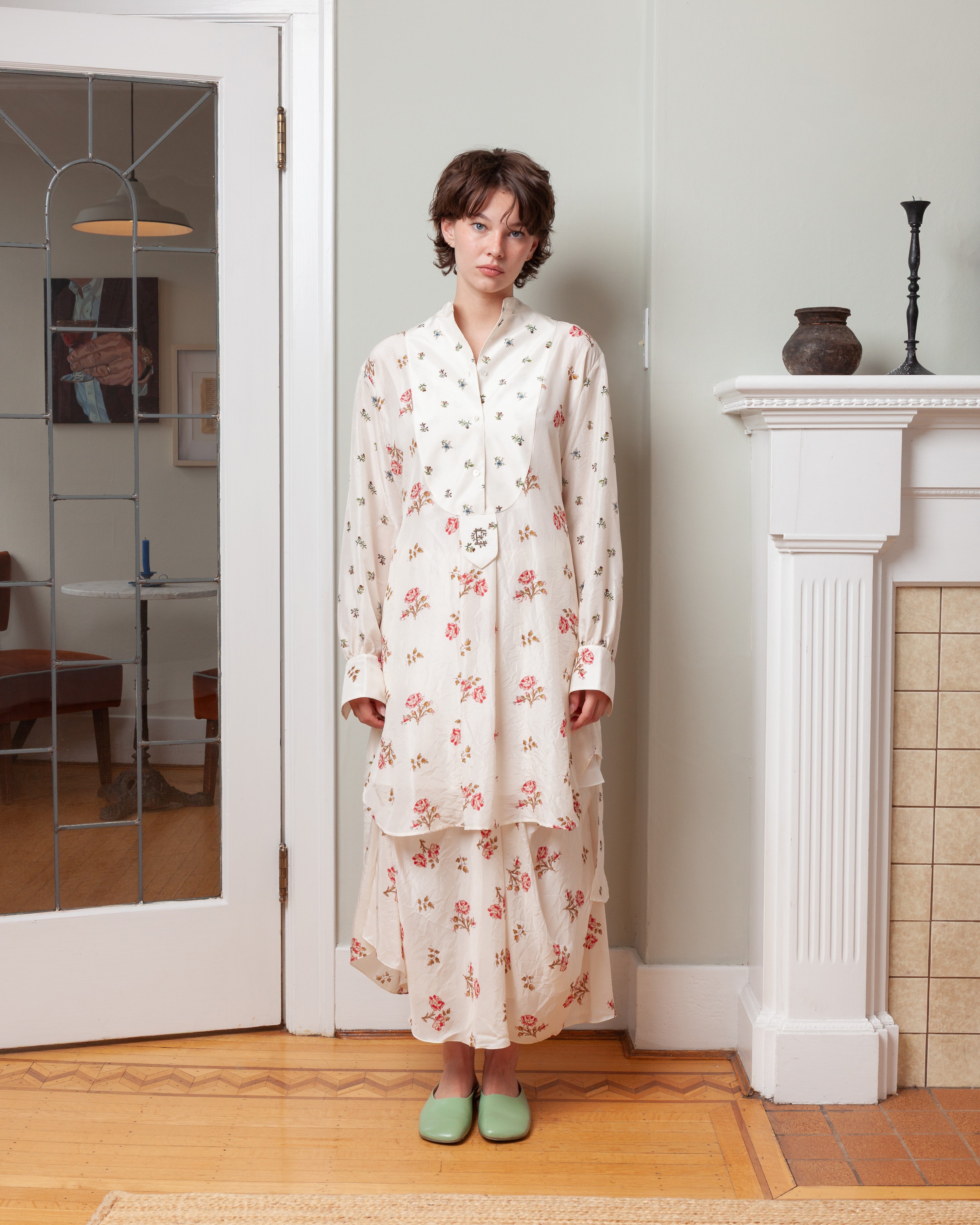 Erdem-Floral Print Silk Draped Midi Skirt - Rose Ditsy Ivory-Skirts-Boboli-Vancouver-Canada