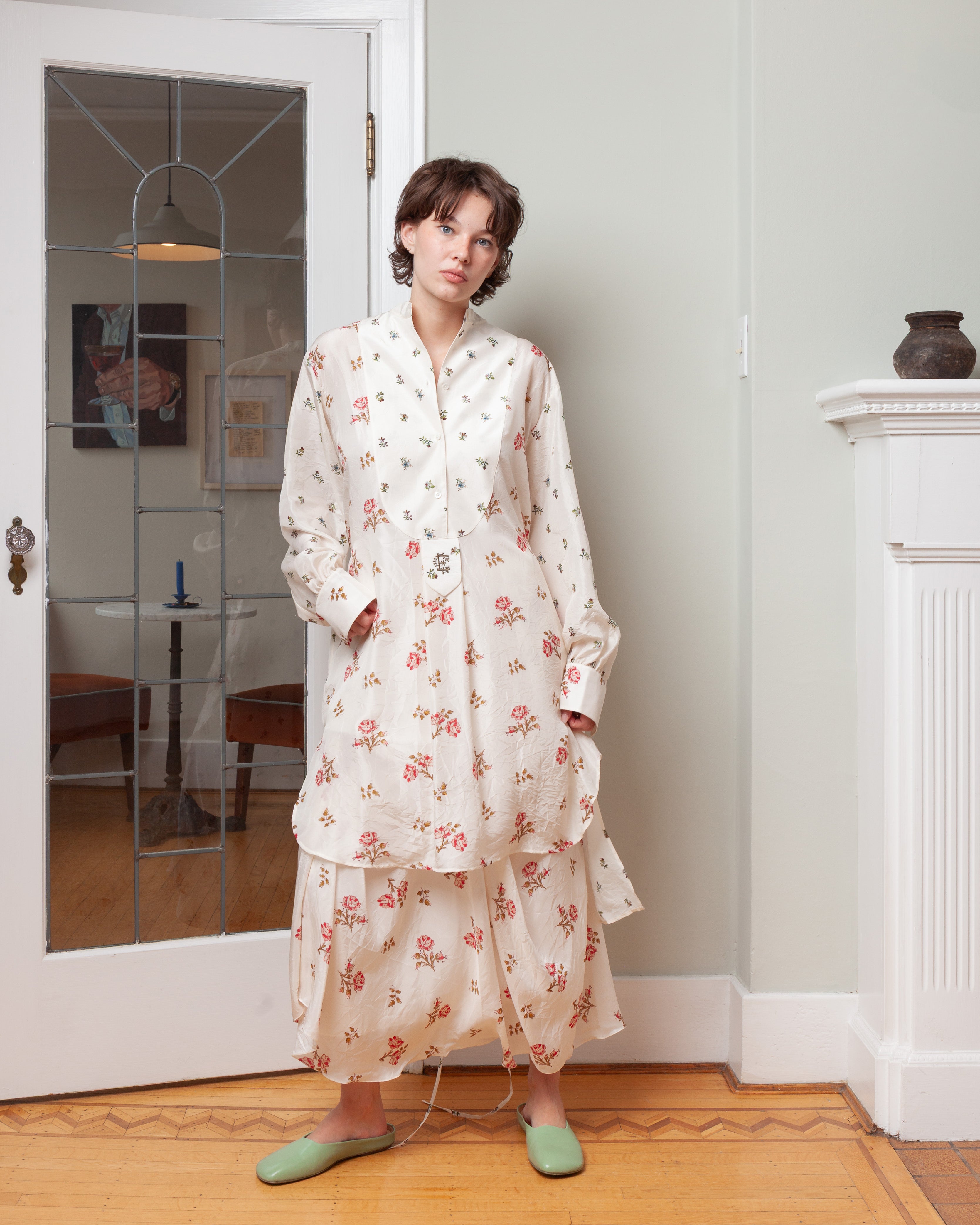 Erdem-Floral Print Silk Long Sleeve Mini Shirt Dress - Sprig Ditsy Ivory-Dresses-Boboli-Vancouver-Canada