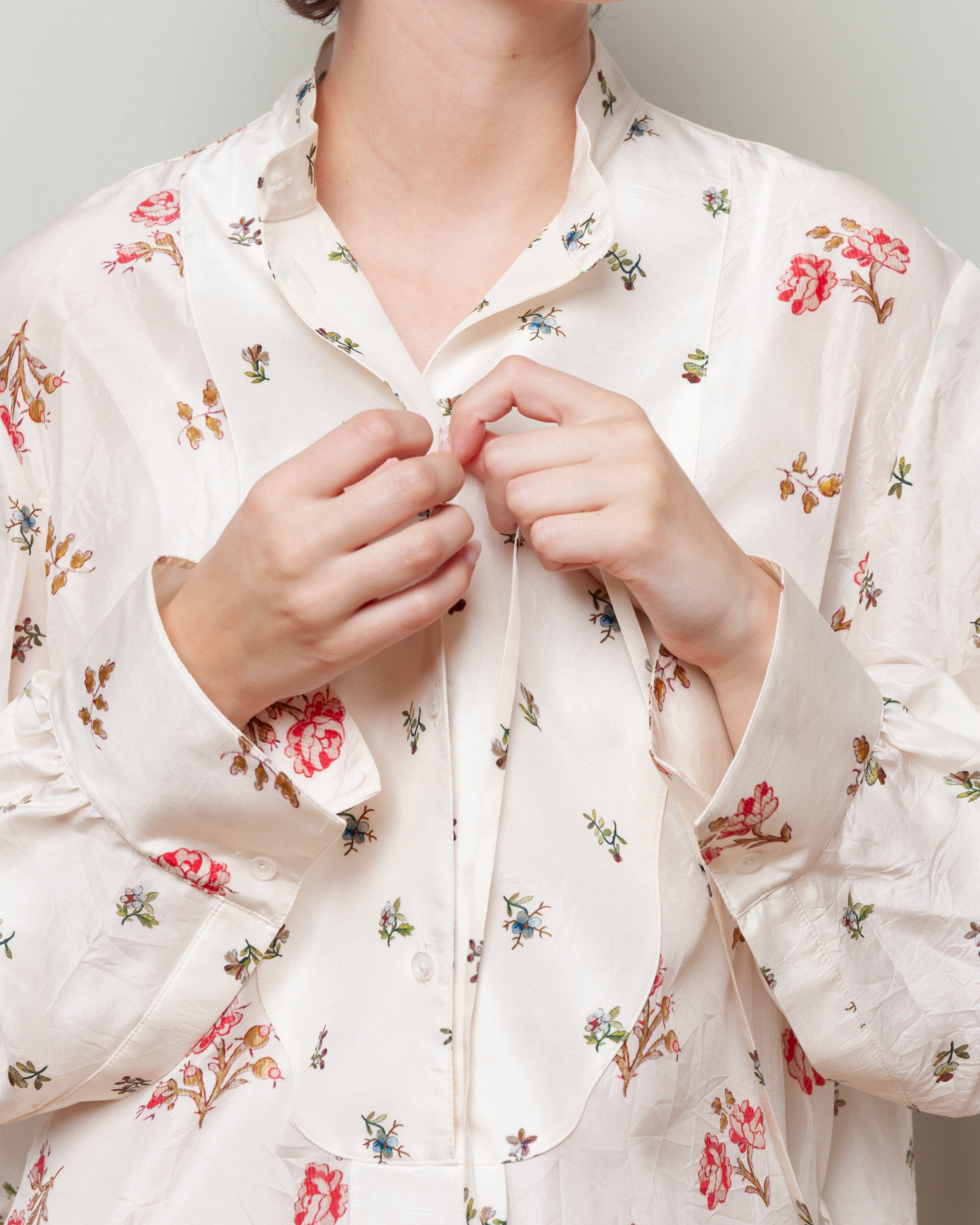 Erdem-Floral Print Silk Long Sleeve Mini Shirt Dress - Sprig Ditsy Ivory-Dresses-Boboli-Vancouver-Canada