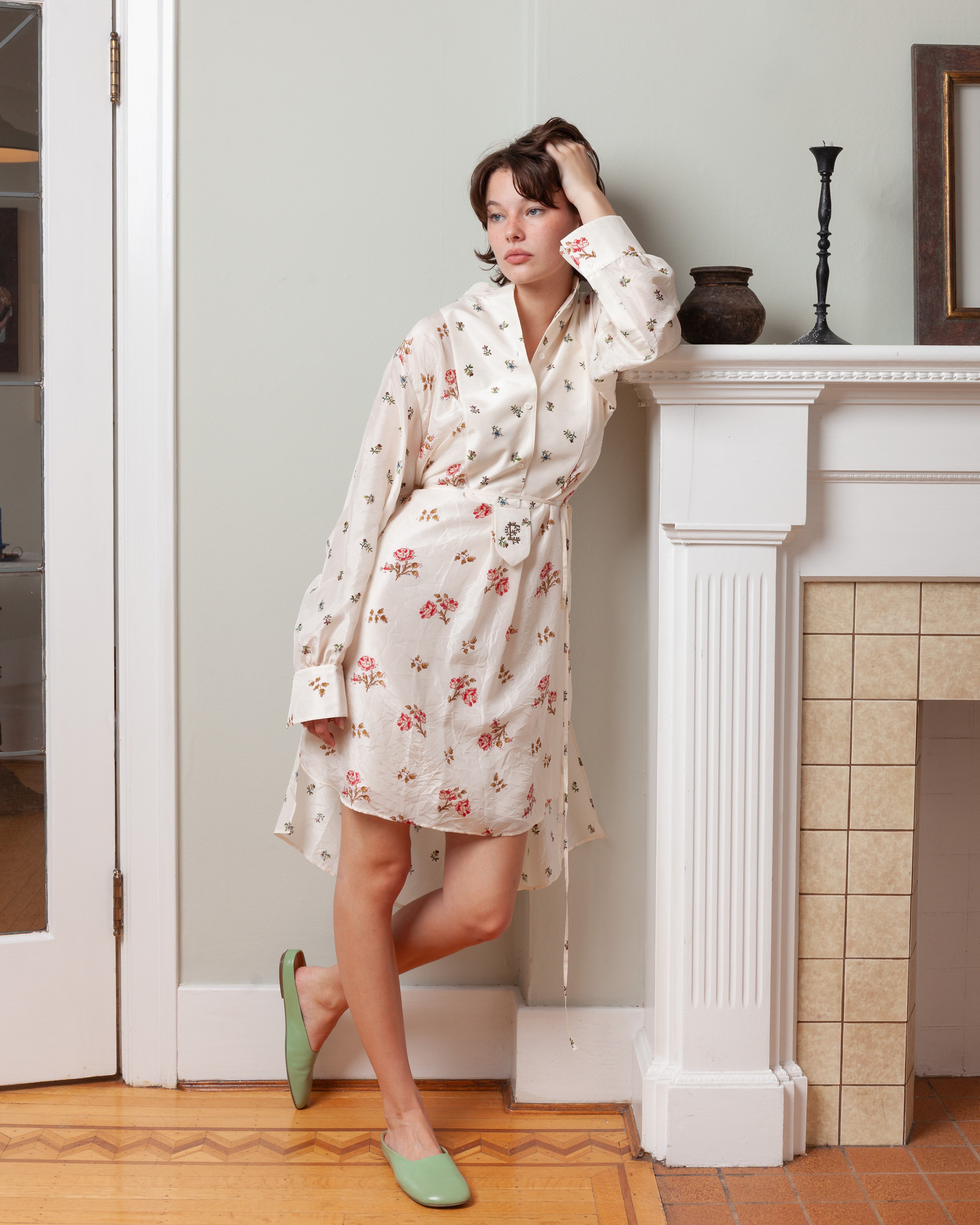 Erdem-Floral Print Silk Long Sleeve Mini Shirt Dress - Sprig Ditsy Ivory-Dresses-Boboli-Vancouver-Canada
