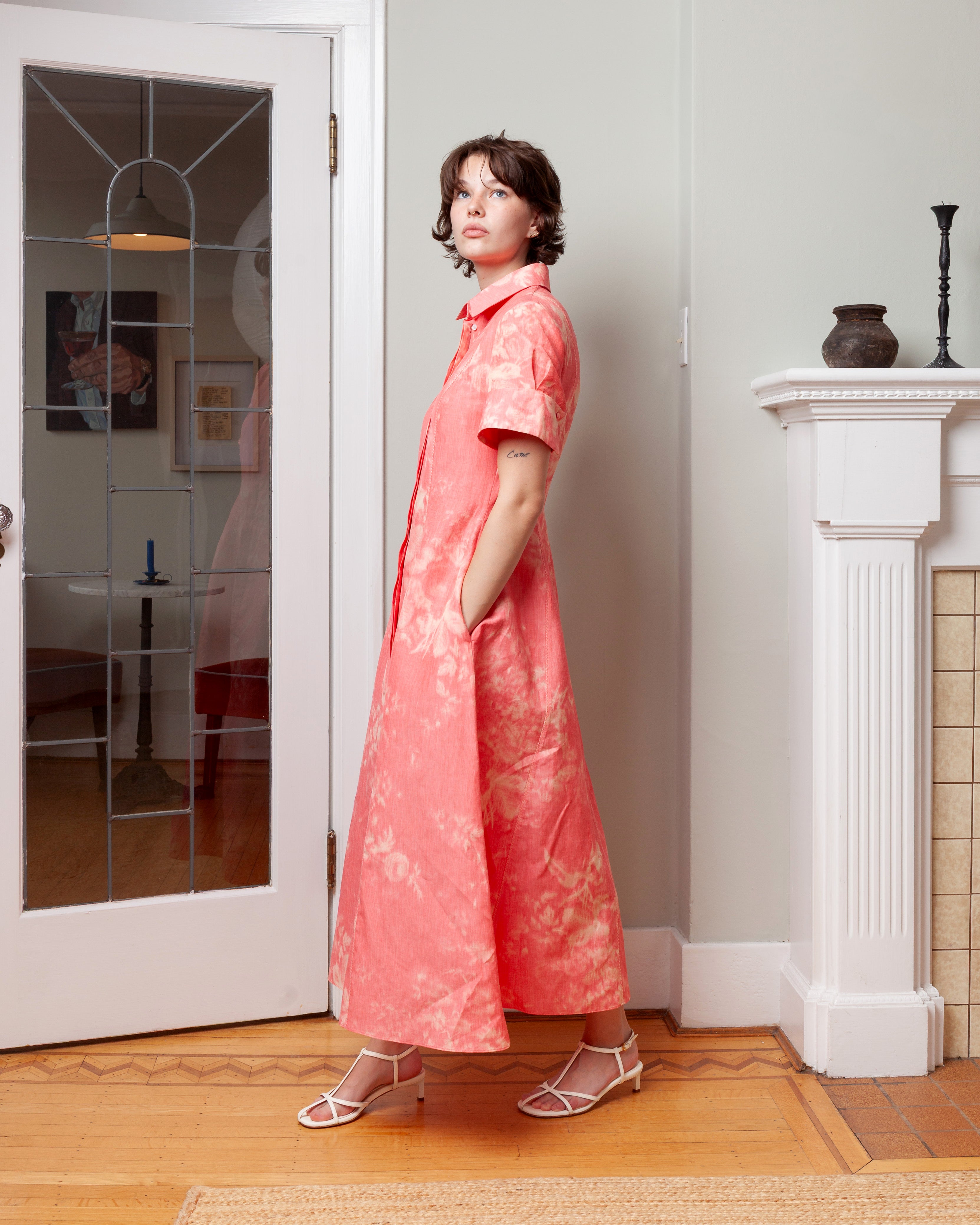 Erdem-Floral Print Linen Chine Midi Shirt Dress - Coral-Dresses-Boboli-Vancouver-Canada