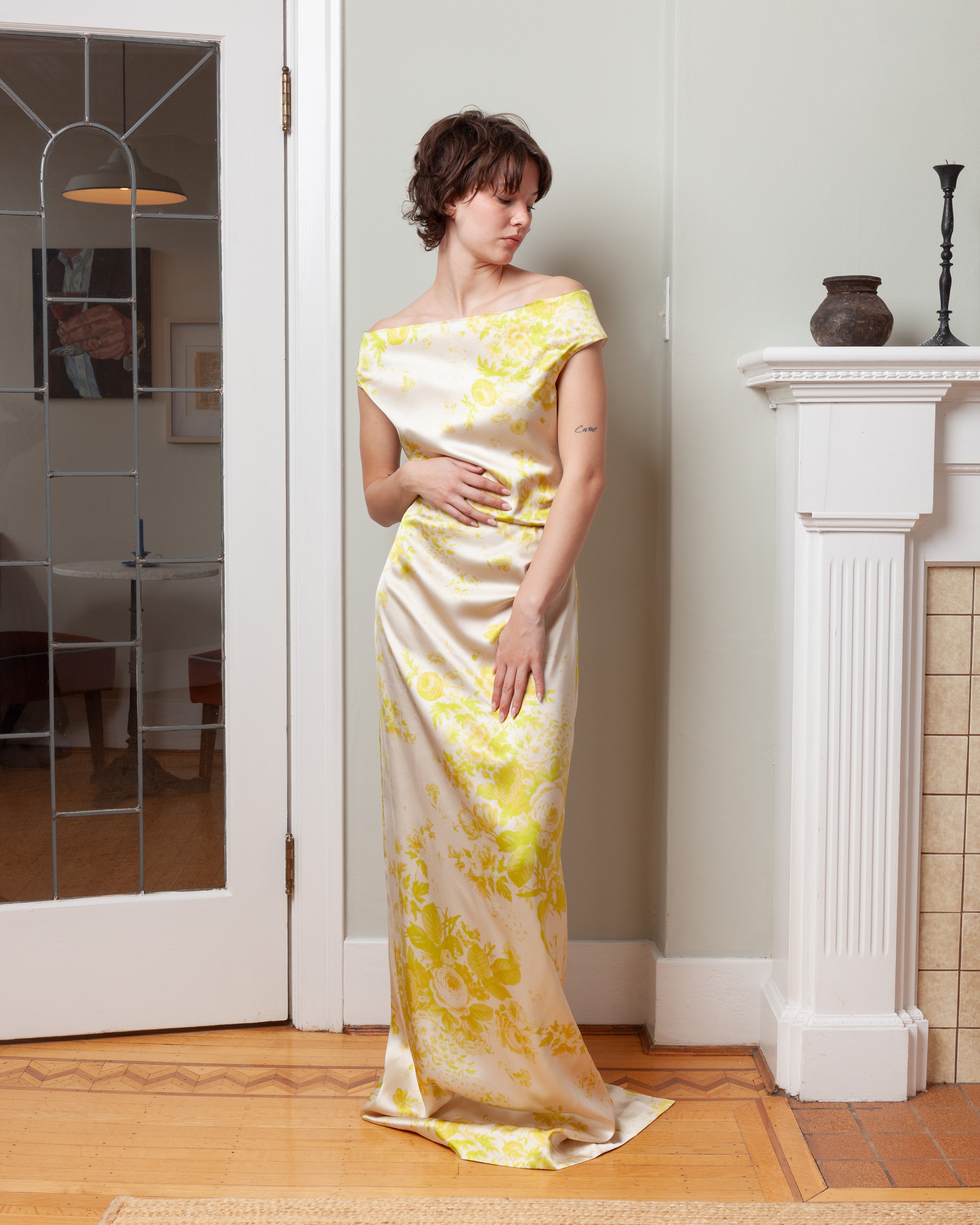 Erdem-Floral Print Duchess Slashed Neckline Gown - Chartreuse-Dresses-Boboli-Vancouver-Canada