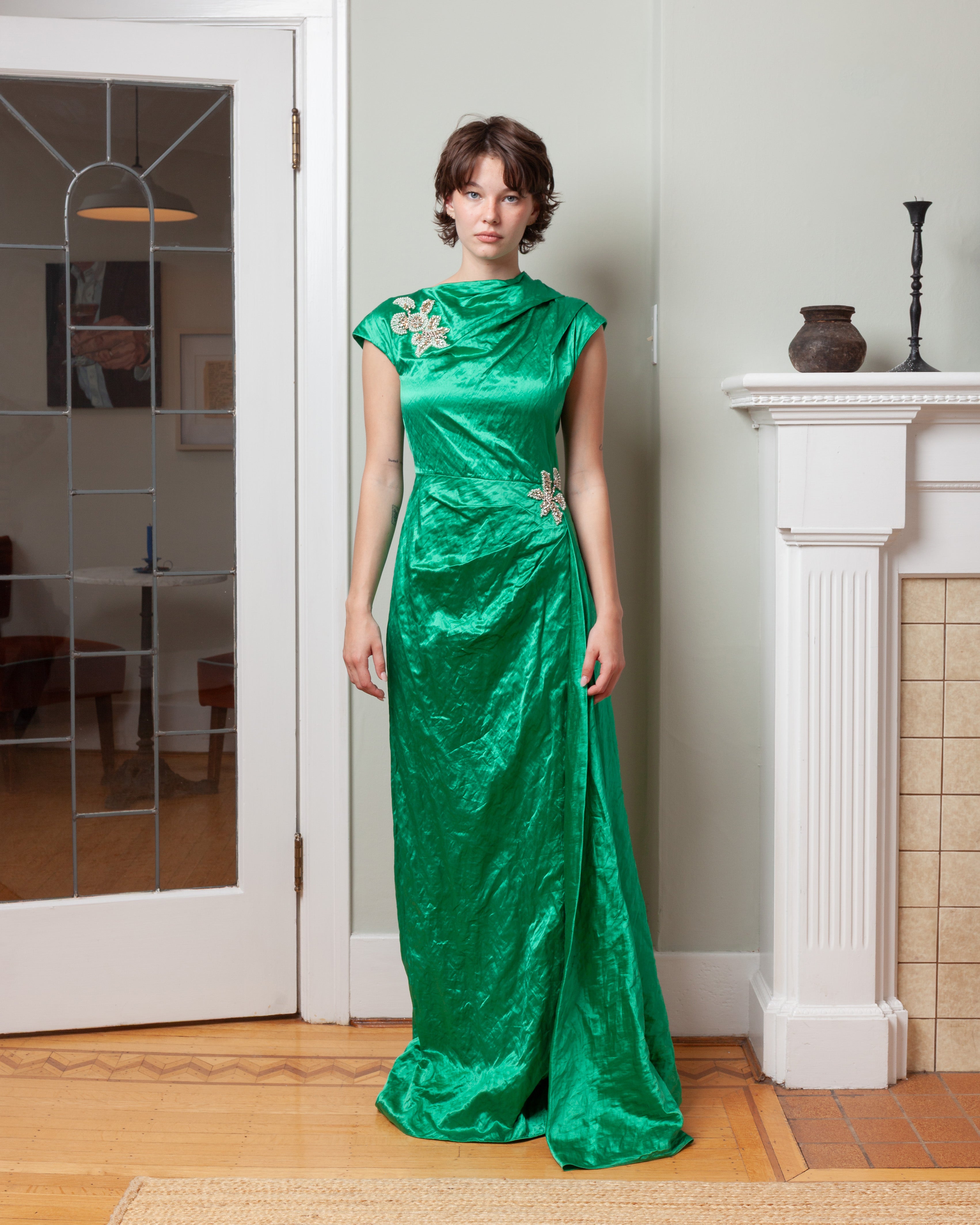 Erdem-Embellished Textured Satin Draped Gown - Sea Green-Dresses-Boboli-Vancouver-Canada