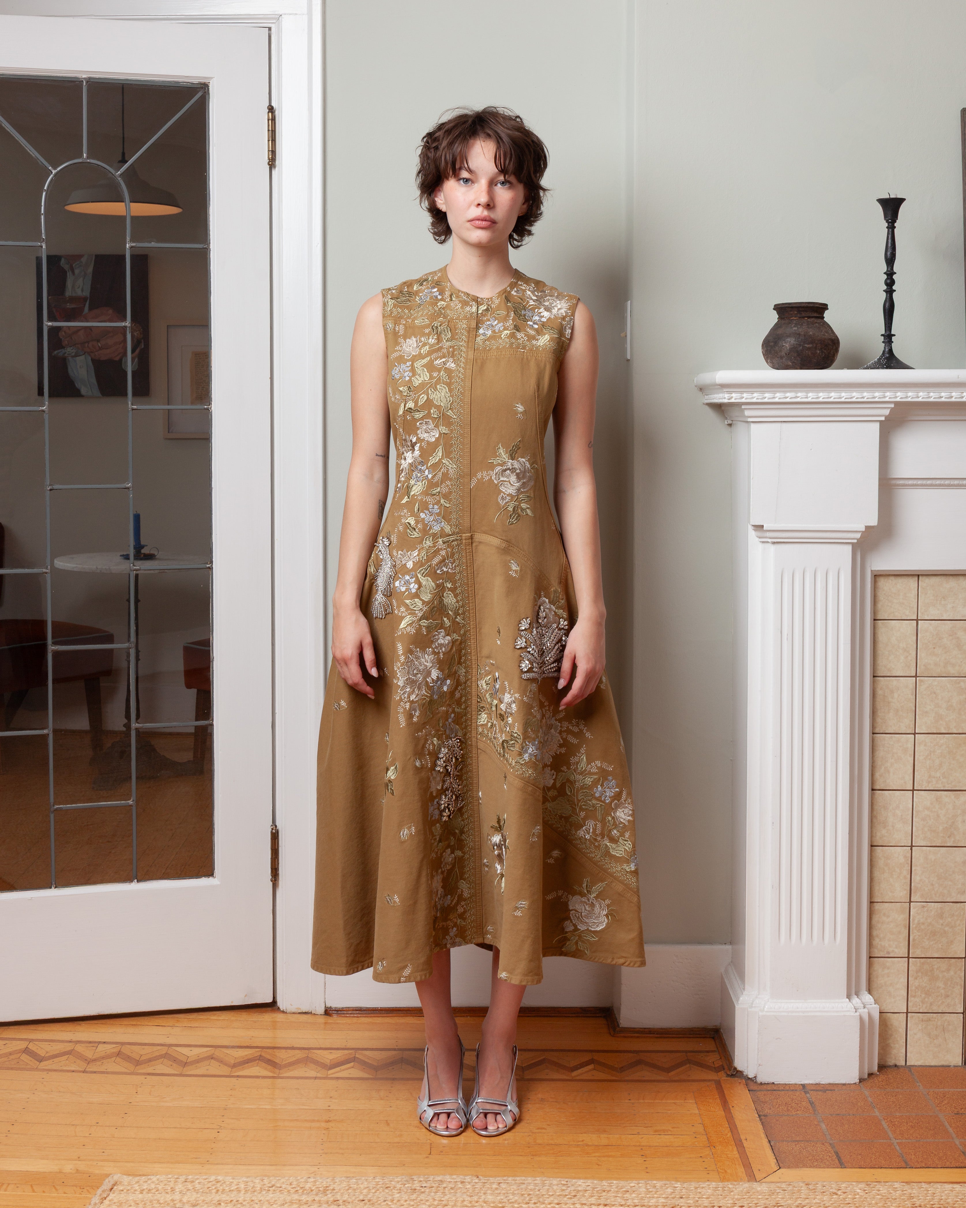 Erdem-Embroidered Denim Midi Hourglass Dress - Cumin-Dresses-Boboli-Vancouver-Canada