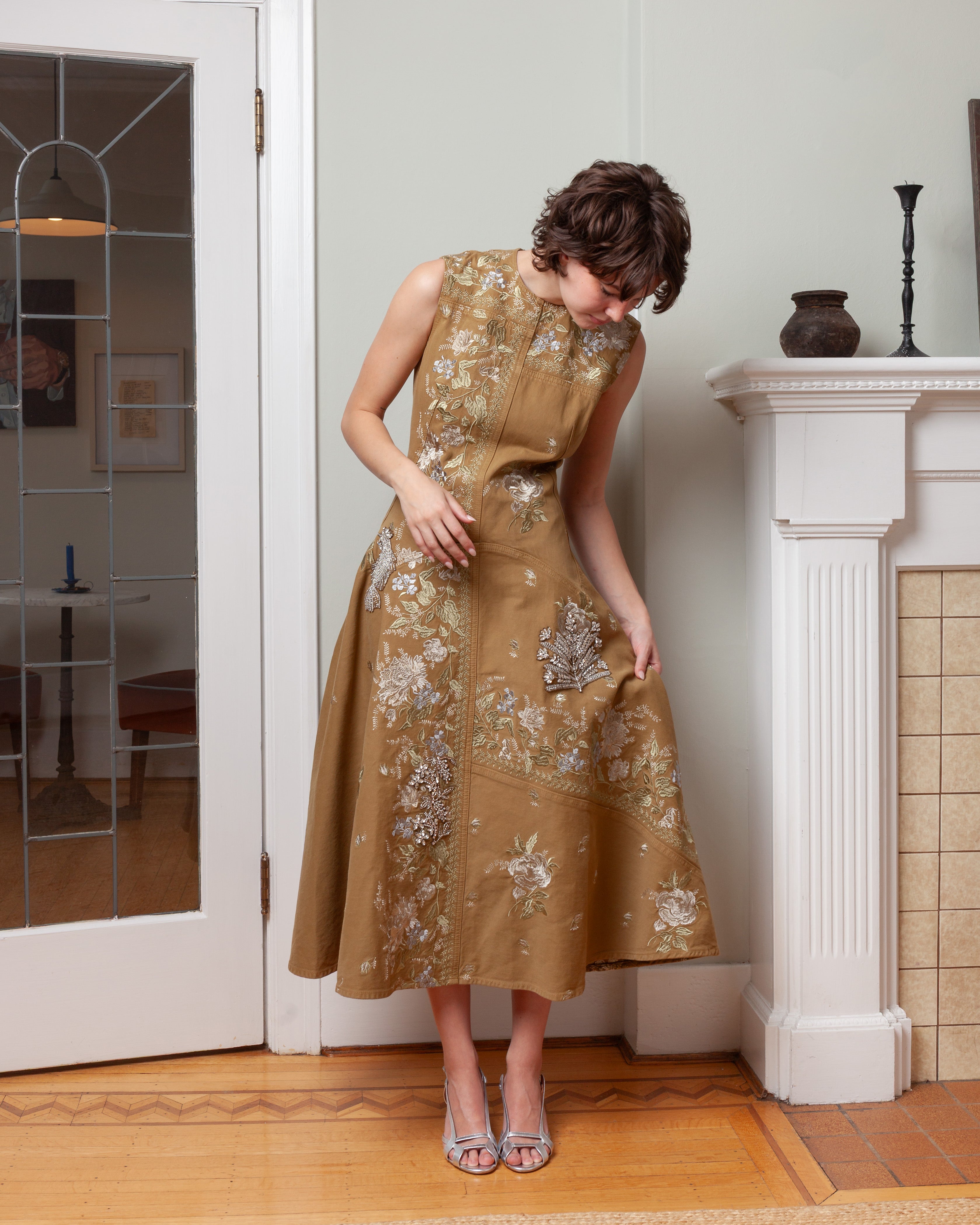 Erdem-Embroidered Denim Midi Hourglass Dress - Cumin-Dresses-Boboli-Vancouver-Canada