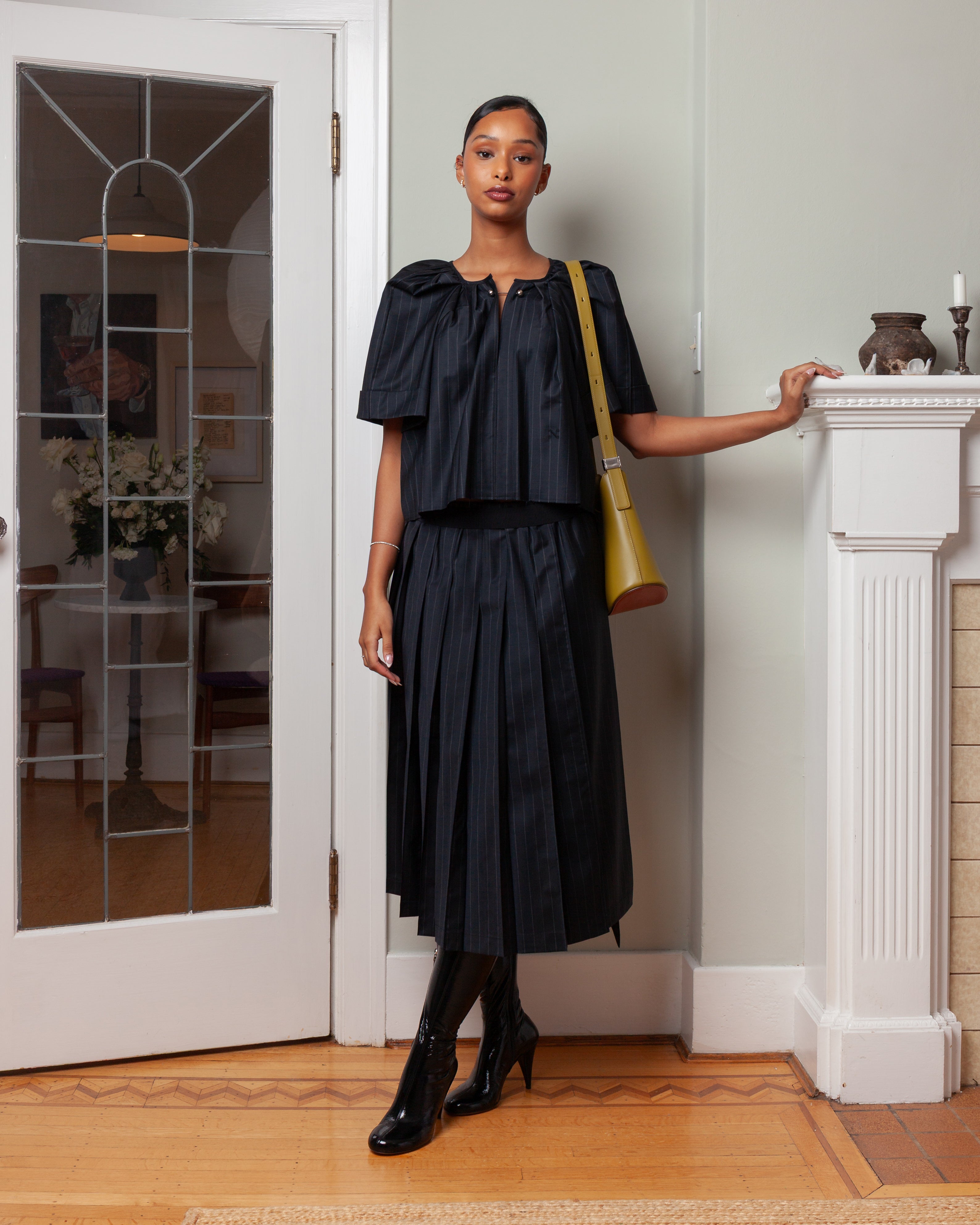 Nackiye-Grand Bazaar Short Sleeve Top - Charcoal Pinstripe-Tops-Boboli-Vancouver-Canada