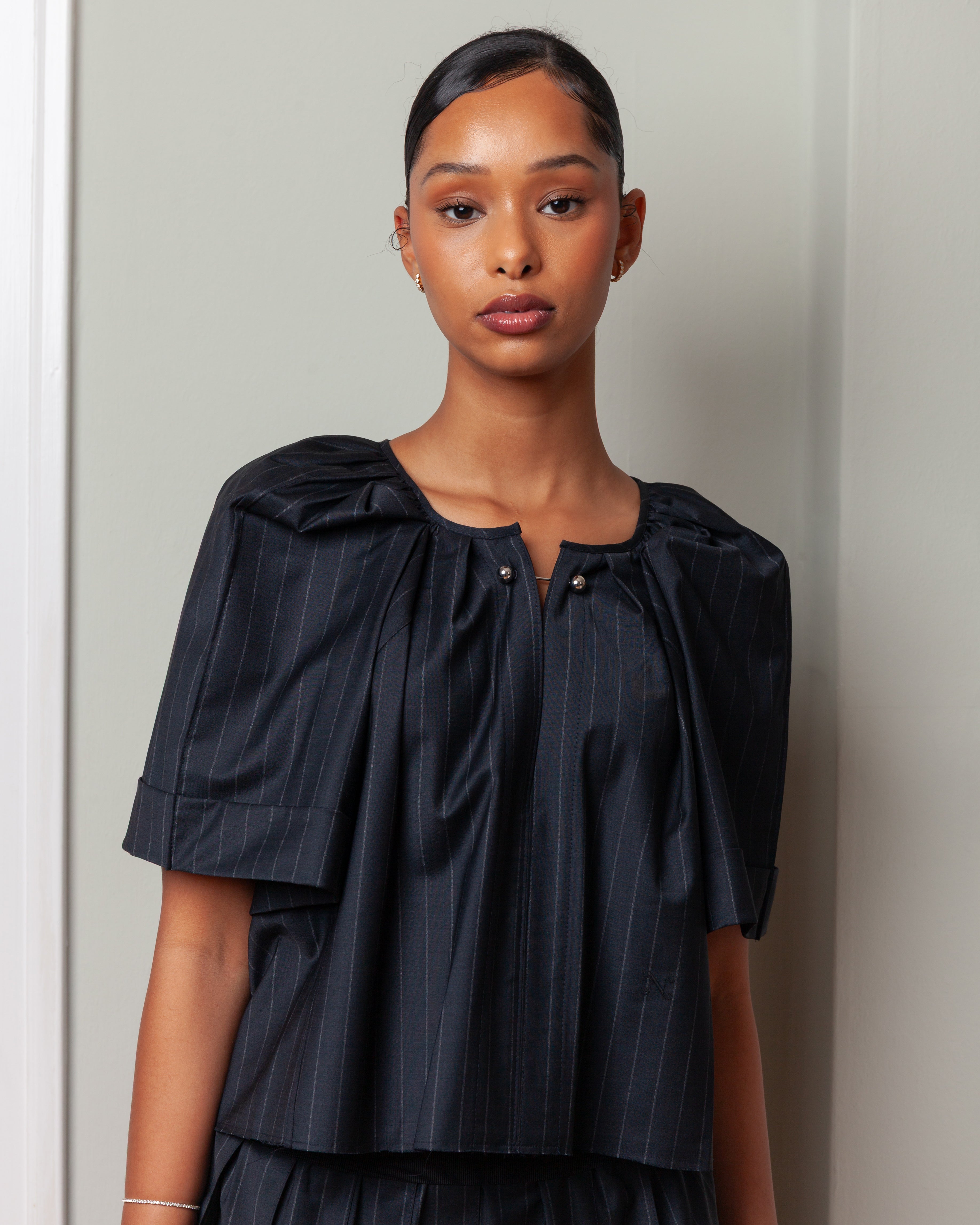 Nackiye-Grand Bazaar Short Sleeve Top - Charcoal Pinstripe-Tops-Boboli-Vancouver-Canada