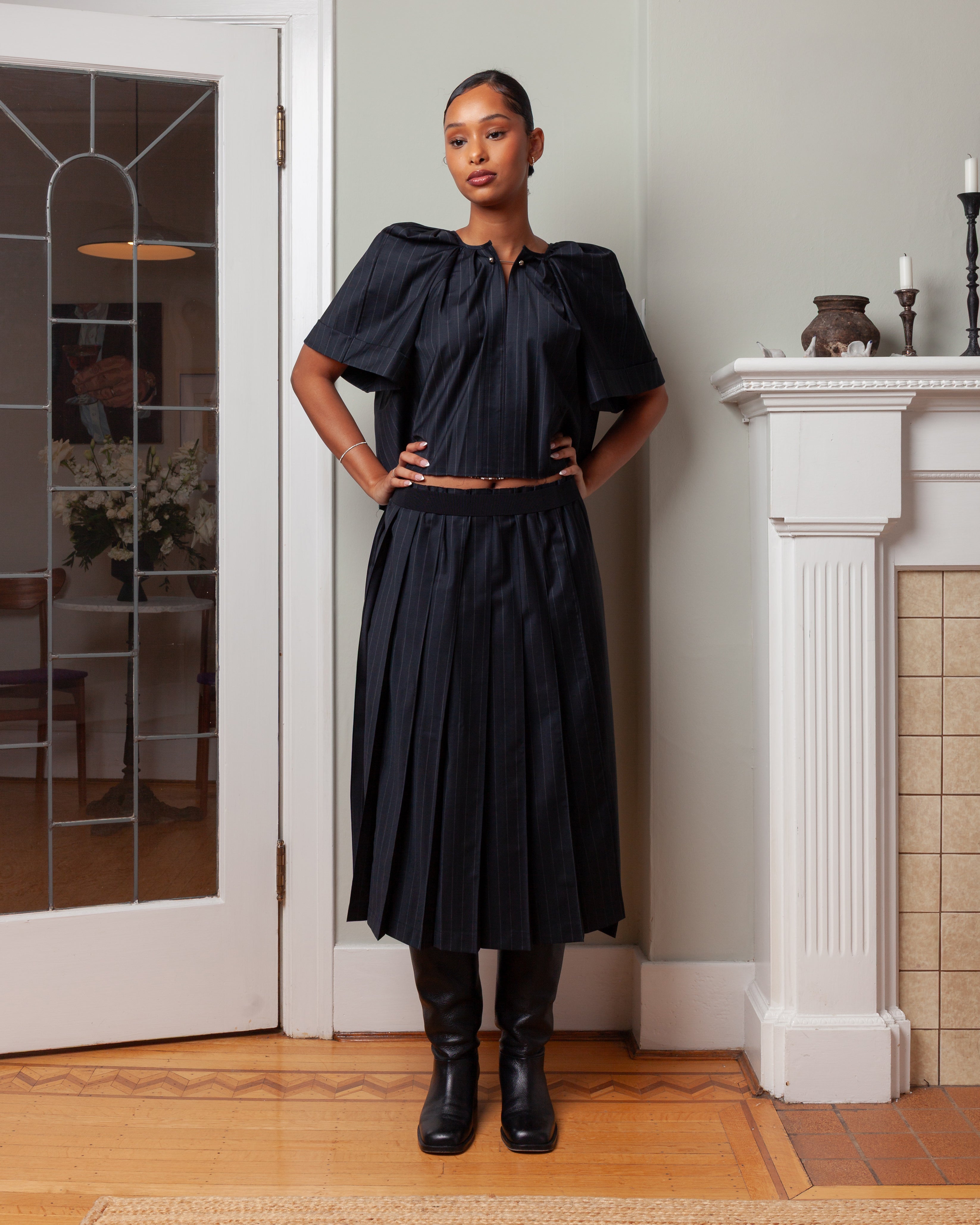 Nackiye-Joan Skirt - Charcoal Pinstripe-Skirts-Boboli-Vancouver-Canada